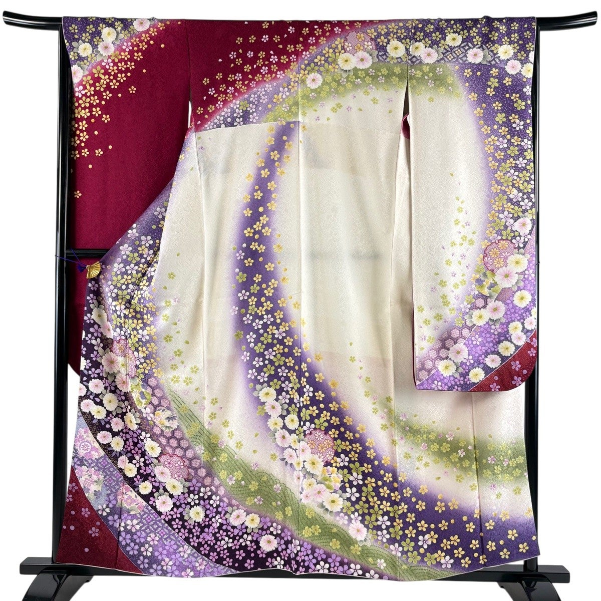 美品】 振袖 身丈159cm 裄丈65.5cm M 袷 雪輪 草花 金彩 箔 えんじ色