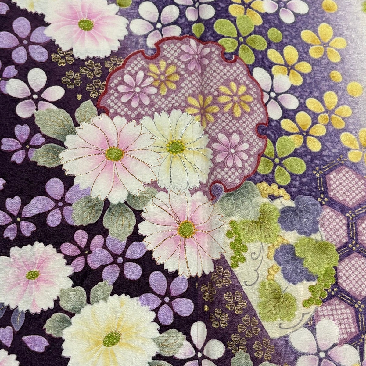 美品】 振袖 身丈159cm 裄丈65.5cm M 袷 雪輪 草花 金彩 箔 えんじ色