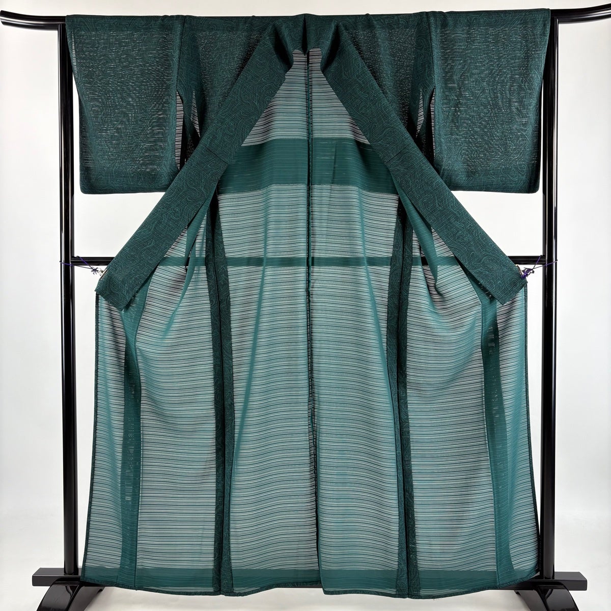 小紋 身丈159.5cm 裄丈64.5cm M 薄物 絽 墨流し 深緑 正絹 名品｜中古