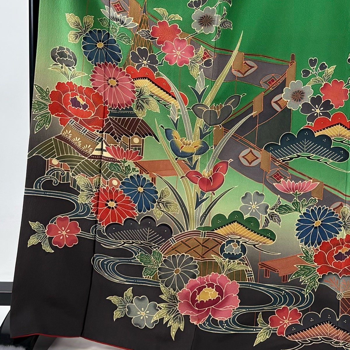 振袖 身丈168.5cm 裄丈67cm M 袷 落款あり 家屋 花鳥 染め分け ぼかし