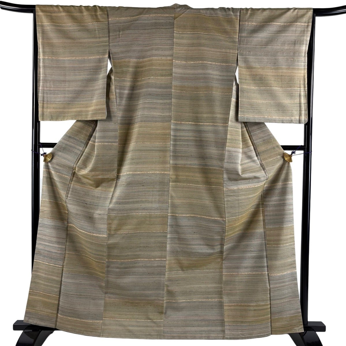 美品】 紬 身丈161cm 裄丈64cm M 袷 絣 幾何学 ベージュ 正絹 名品