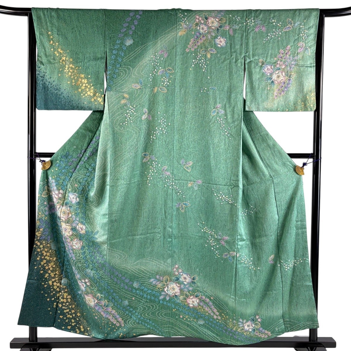 (4月展) No.2812 未使用シリーズ正絹金彩草花流水訪問着　美品 訪問着 身丈155.5cm 裄丈63cm S 袷 草花 流水 金彩 絞り 灰緑 正絹