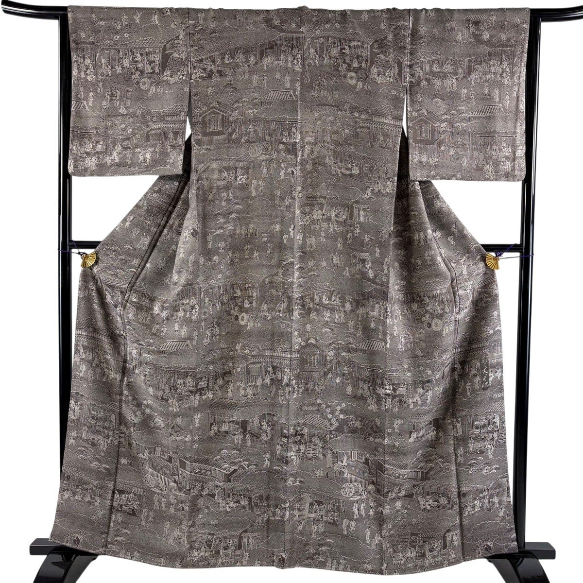 美品】 訪問着 身丈162cm 裄丈64.5cm M 袷 彩天目織 風景 人物 灰茶