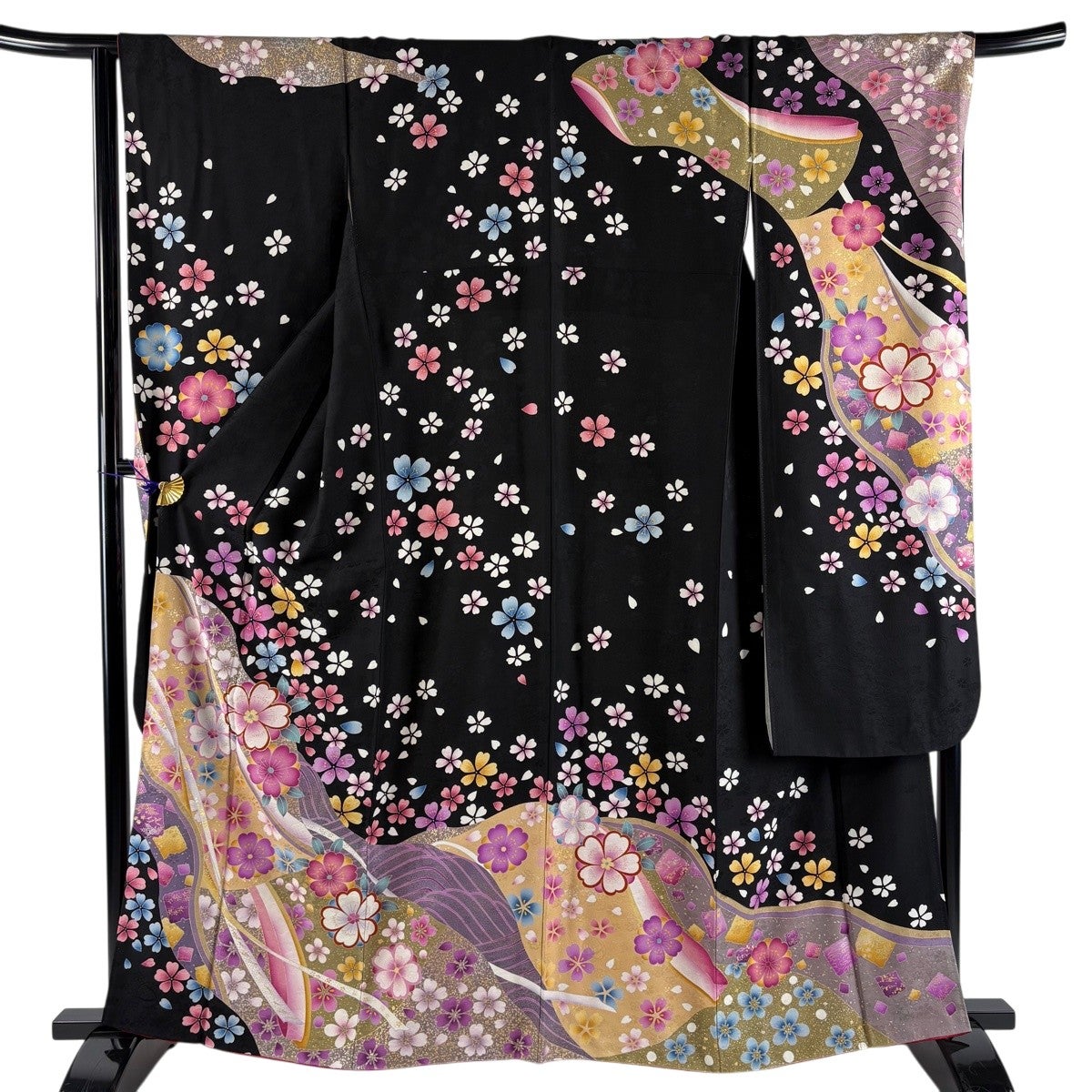 美品】 振袖 身丈161.5cm 裄丈65.5cm M 袷 桜 銀糸 金銀彩 黒 正絹