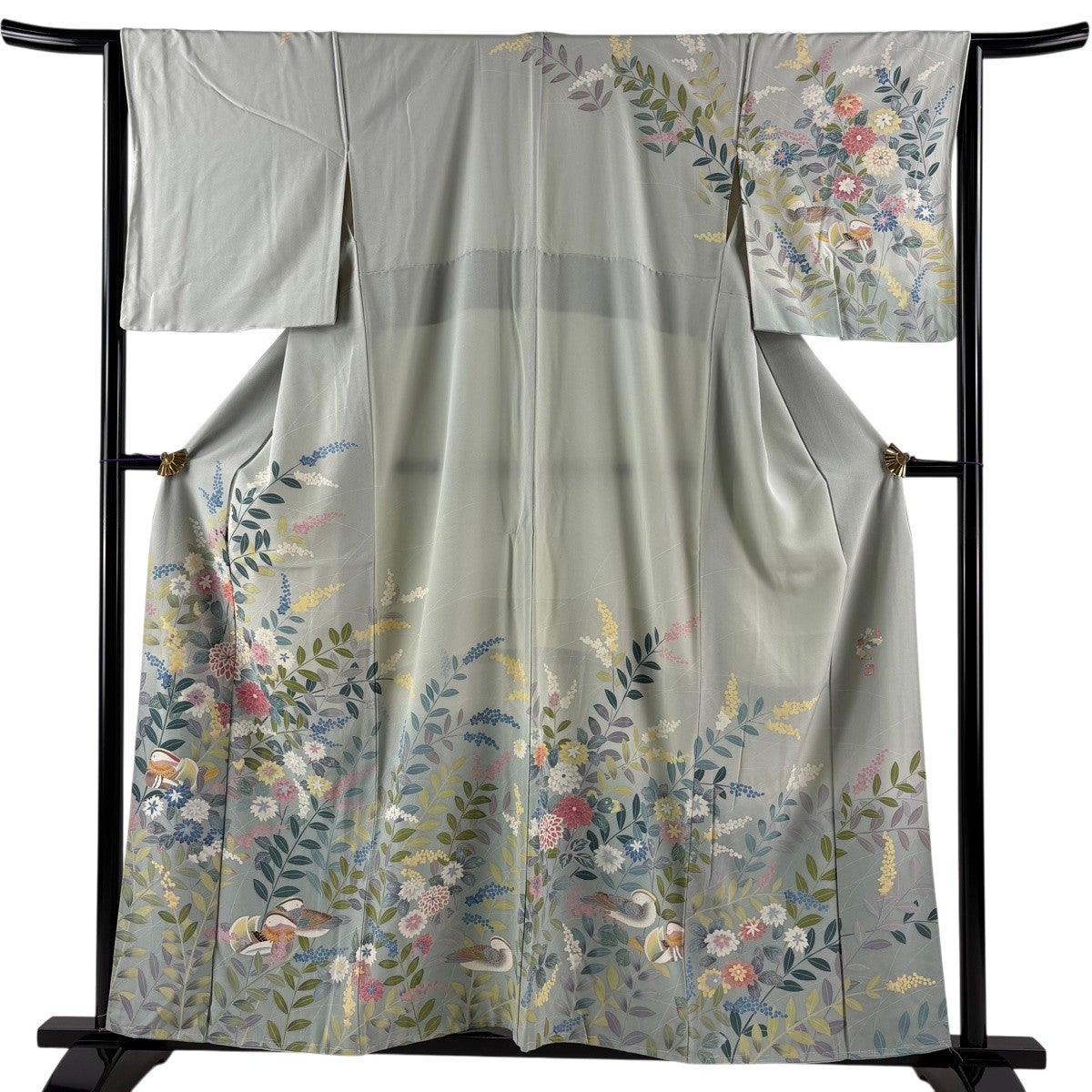 新古品！単衣＊灰藤色＊春秋花＆孔雀＊紋無し＊訪問着＊１６０ｃｍ＊裄６５ 訪問着 身丈157cm 裄丈65cm M 袷 落款あり 鴛鴦 草花 ぼかし 灰緑 正絹