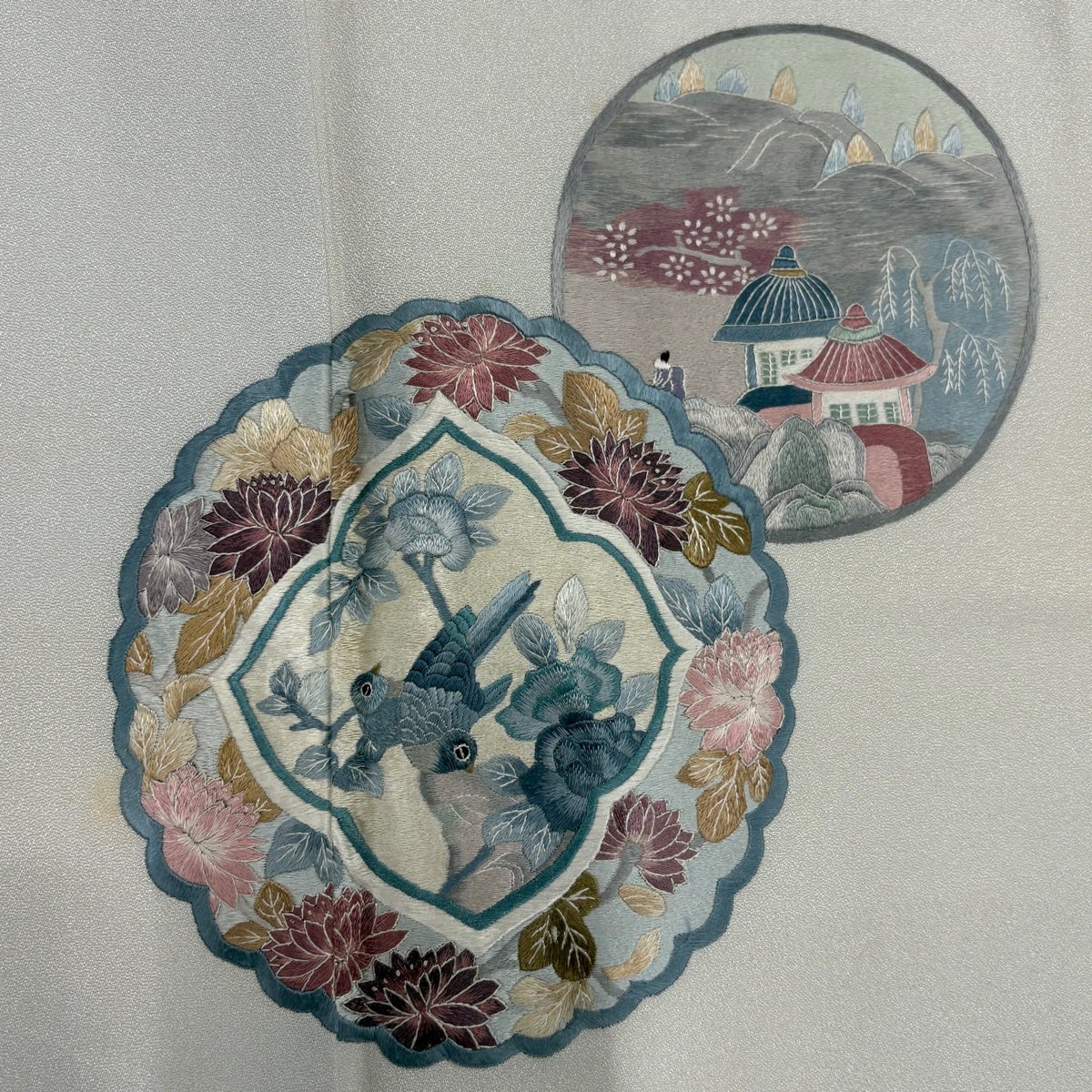 付下げ 身丈156cm 裄丈64.5cm M 袷 花鳥 風景 刺繍 青灰色 正絹 名品