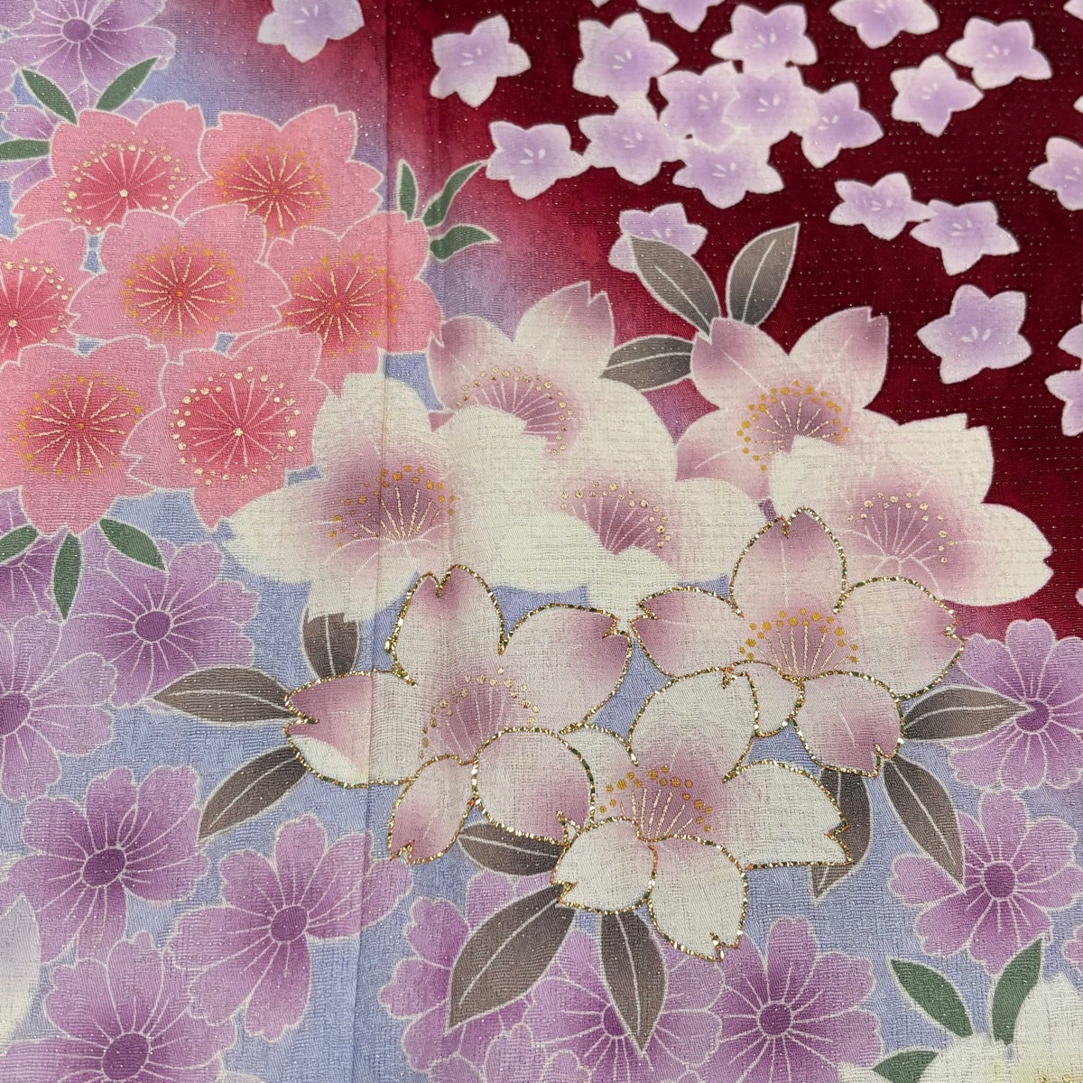振袖 身丈168cm 裄丈68cm L 袷 桜 花 銀通し 箔 赤 正絹 名品｜中古