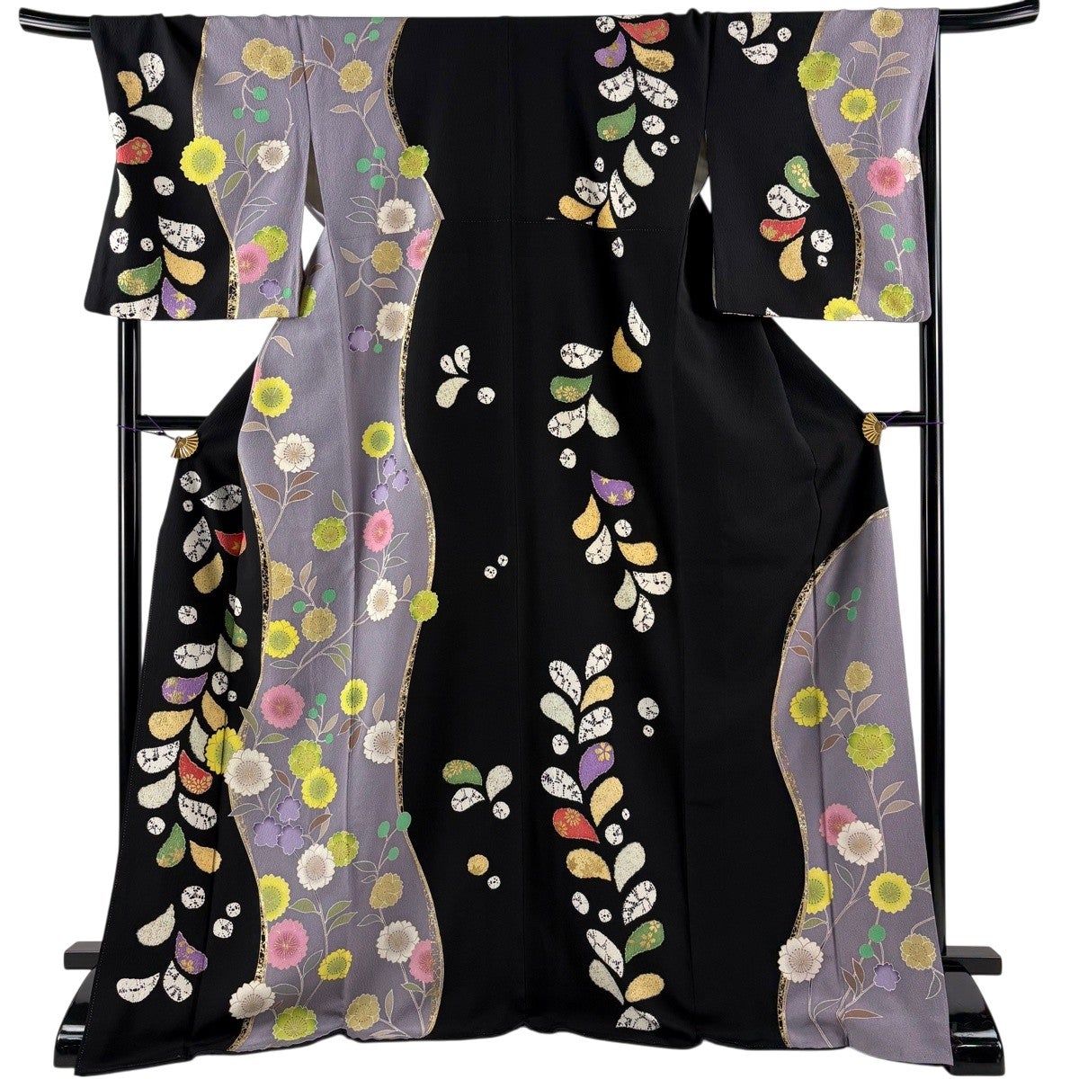 訪問着 身丈173cm 裄丈71cm L 袷 桜 葉柄 金彩 黒 正絹 名品｜中古