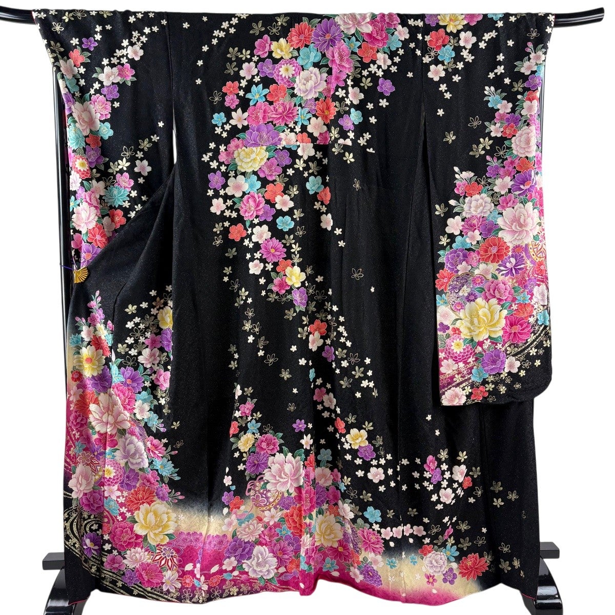 美品】 振袖 身丈170cm 裄丈71cm L 袷 桜 雪輪 銀通し 金糸 黒 正絹