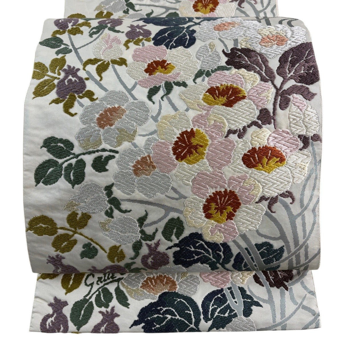 袋帯 名品 WILD ROSE 草花 唐織 箔 灰白 六通 正絹｜中古・古着