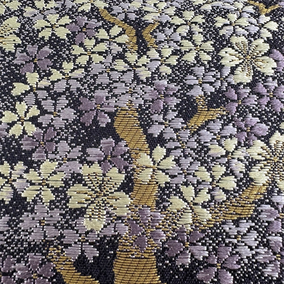 美品】 袋帯 名品 桜 梅 金糸 唐織 濃紫 六通 正絹｜中古・古着