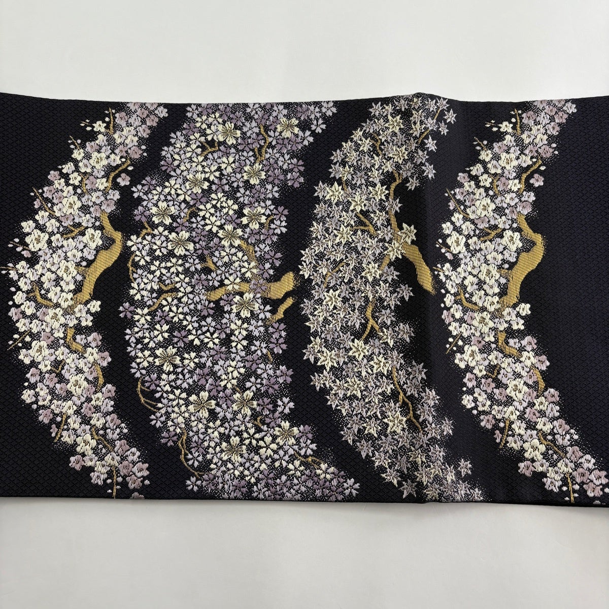 美品】 袋帯 名品 桜 梅 金糸 唐織 濃紫 六通 正絹｜中古・古着
