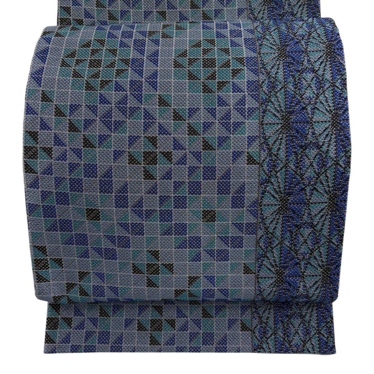 美品】 袋帯 名品 幾何学 花 銀糸 青灰色 六通 正絹｜中古・古着