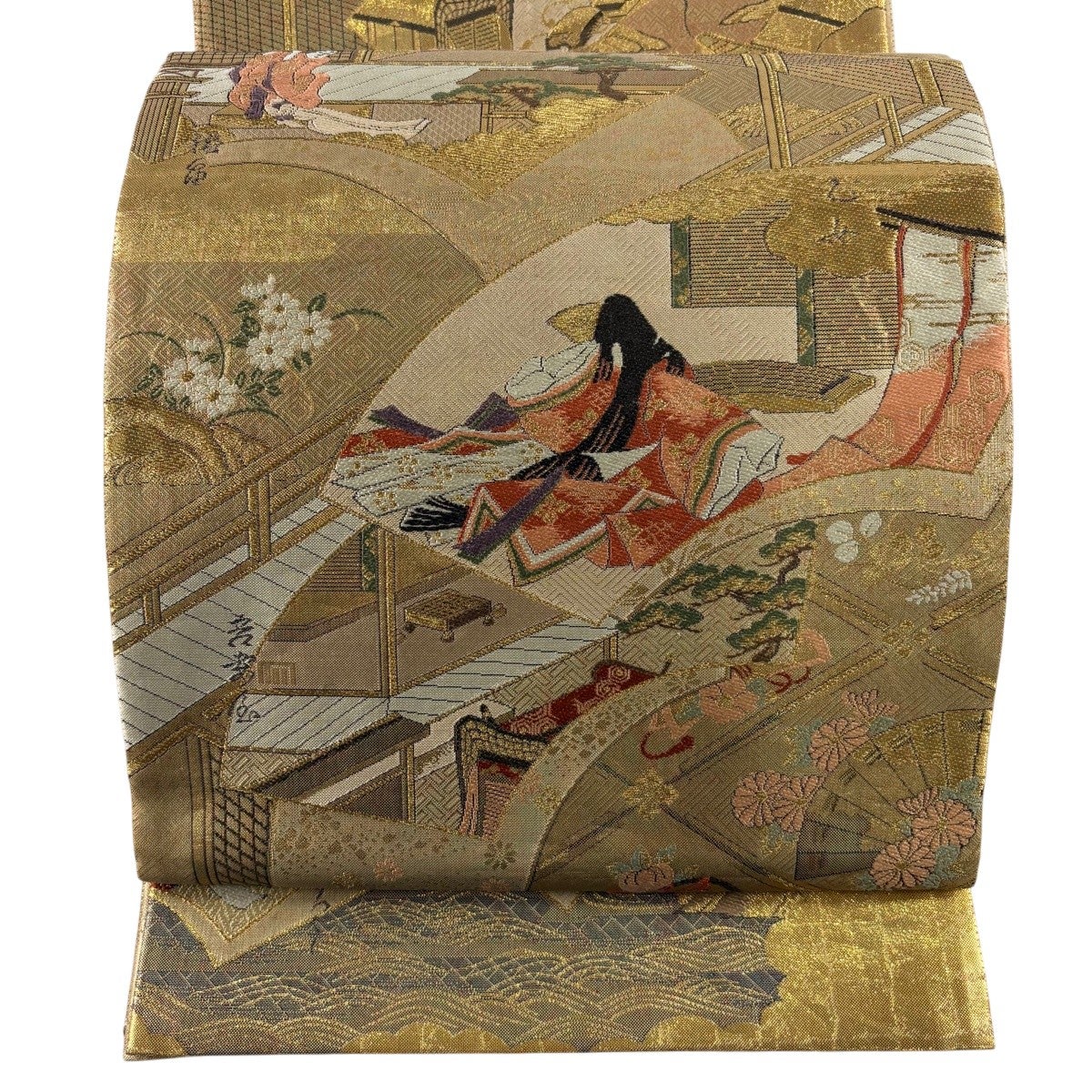 袋帯 秀品 人物 扇面 箔 金糸 金色 お太鼓柄 正絹｜中古・古着
