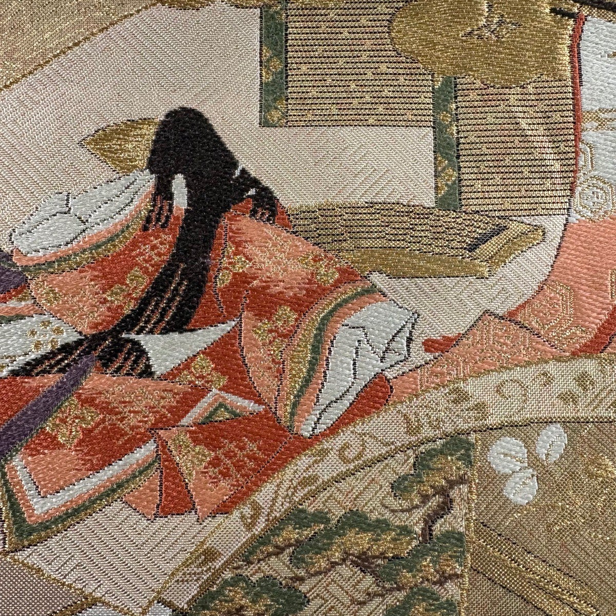 袋帯 秀品 人物 扇面 箔 金糸 金色 お太鼓柄 正絹｜中古・古着