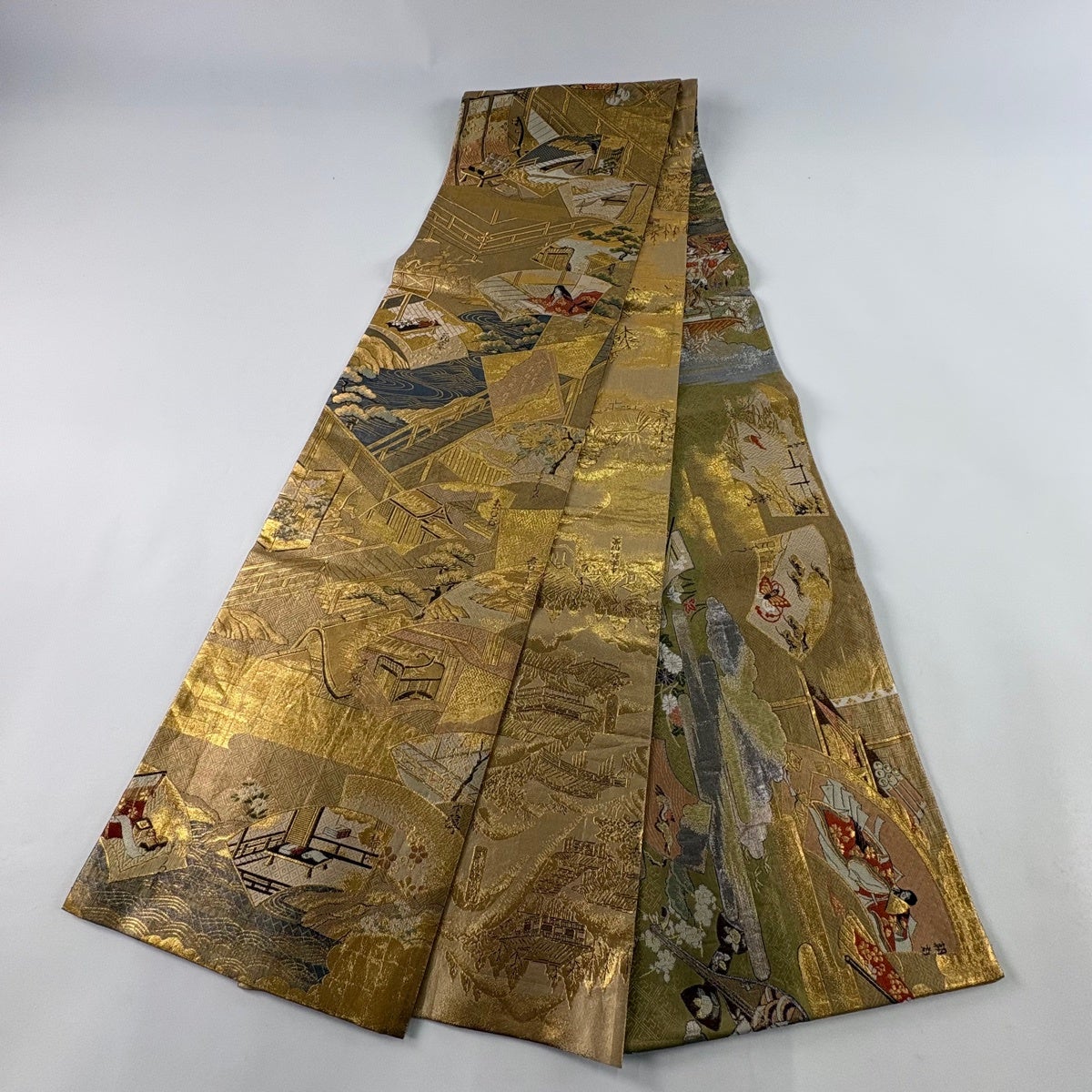 袋帯 秀品 人物 扇面 箔 金糸 金色 お太鼓柄 正絹｜中古・古着