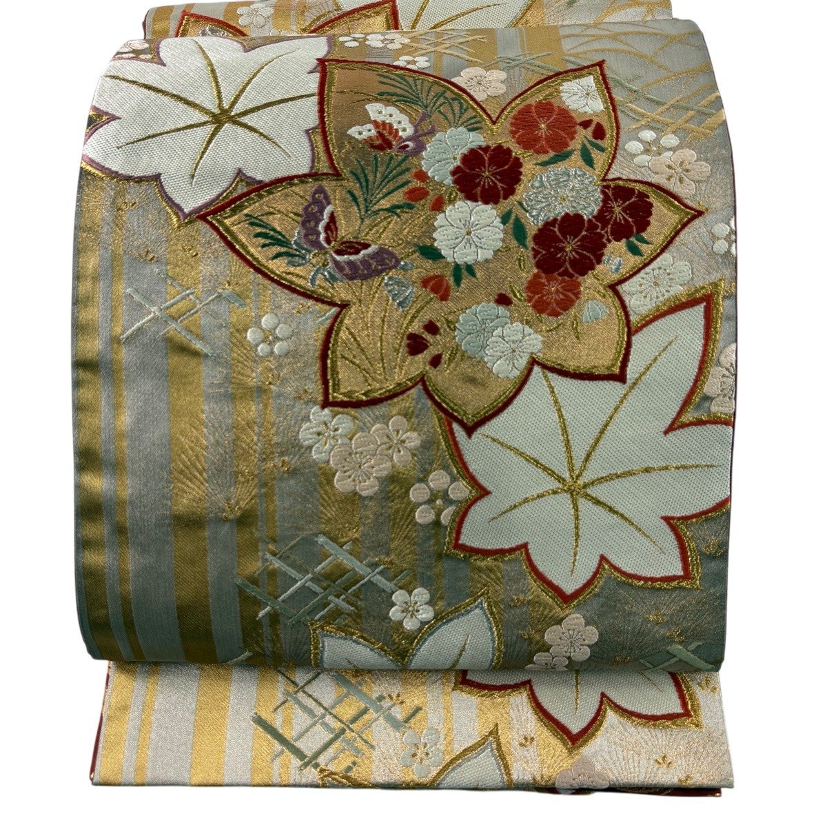 袋帯 秀品 紅葉 草花 金銀糸 箔 金色 六通 正絹｜中古・古着