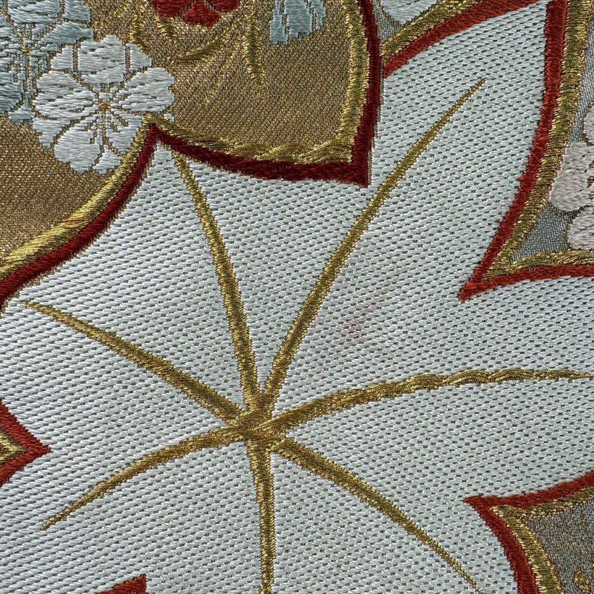 競ナビ】 袋帯 美品 秀品 紅葉 葉柄 茶緑色 六通 正絹 【中古】 袋帯