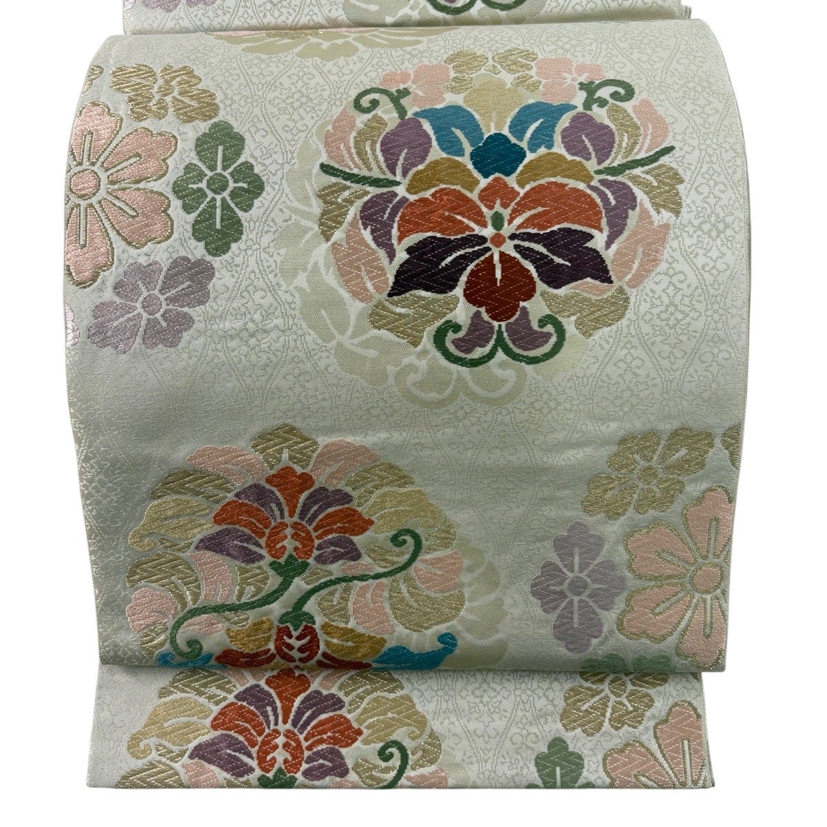 【総刺繍級】上質 袋帯 グレージュ 金糸 くすみカラー 花丸文 柔らか 軽量 袋帯 秀品 唐花丸紋 草花 花 唐草 金糸 ベージュ 六通 正絹｜中古