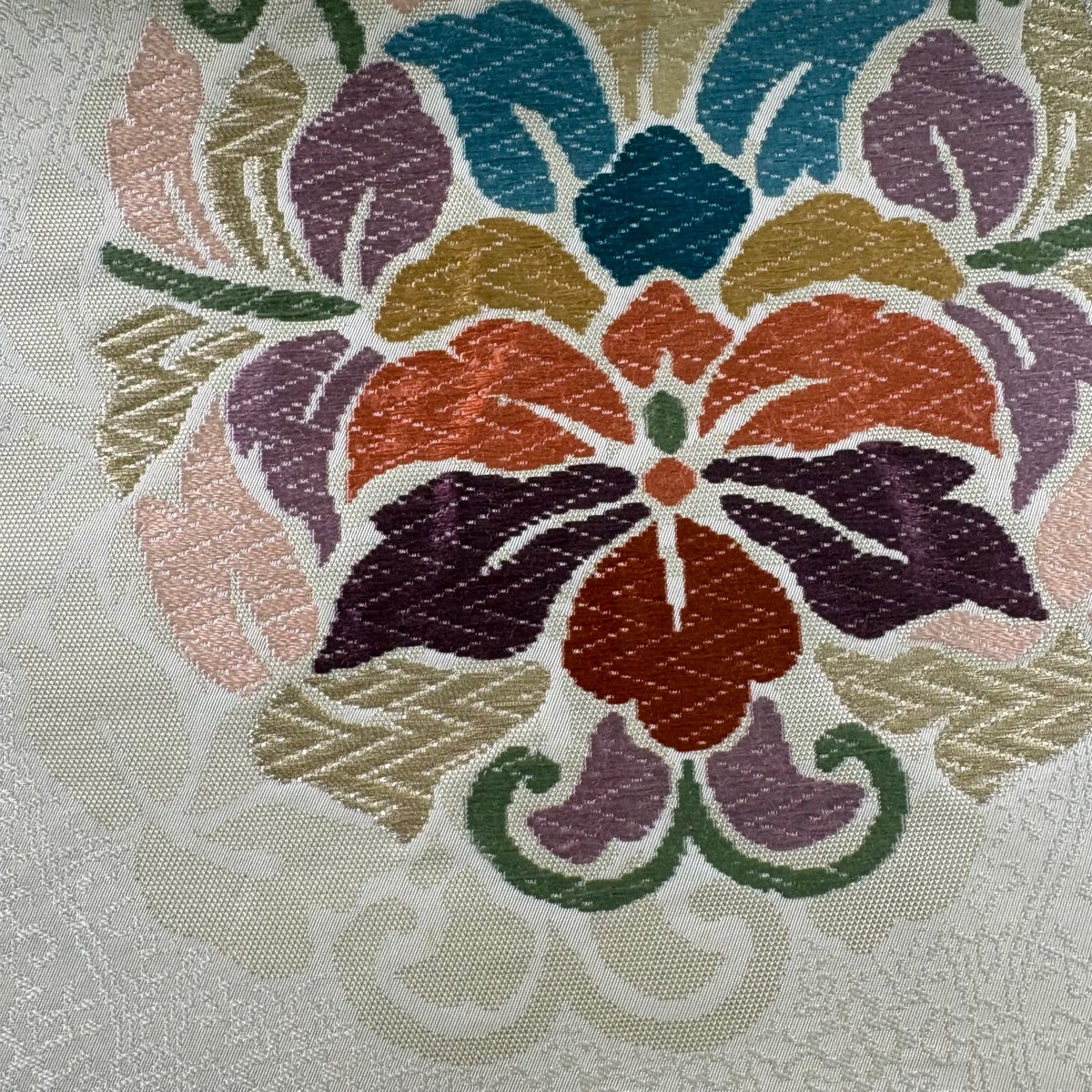 袋帯 秀品 唐花丸紋 草花 花 唐草 金糸 ベージュ 六通 正絹｜中古