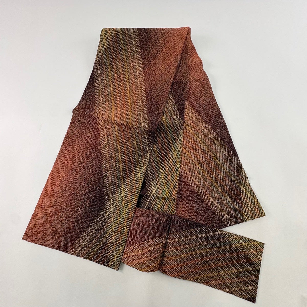 美品】 名古屋帯 秀品 八寸名古屋帯 松葉仕立て 斜縞 金銀糸 えんじ色
