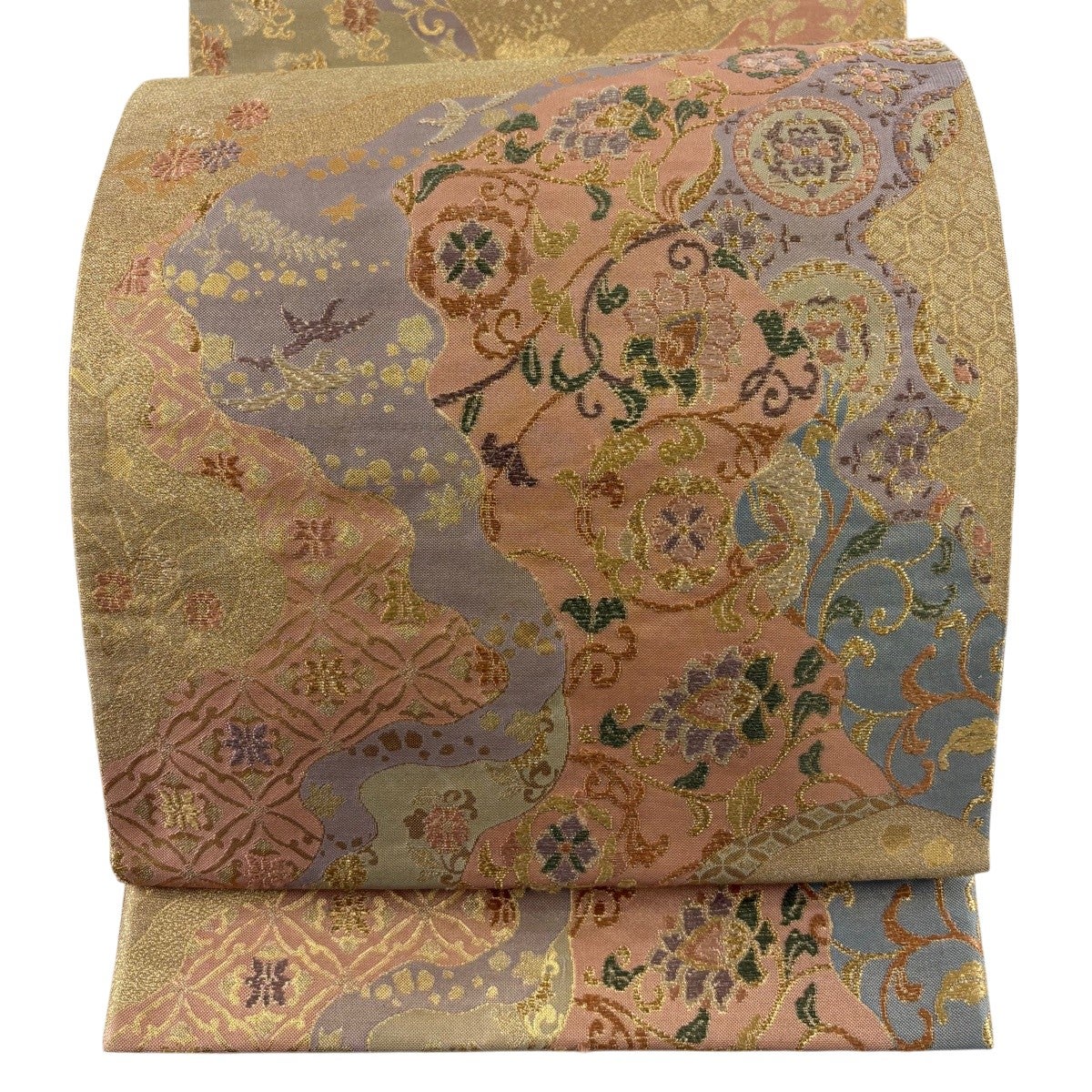 袋帯 秀品 万華道長蜀江紋様 花鳥 金糸 箔 金色 六通 正絹｜中古・古着