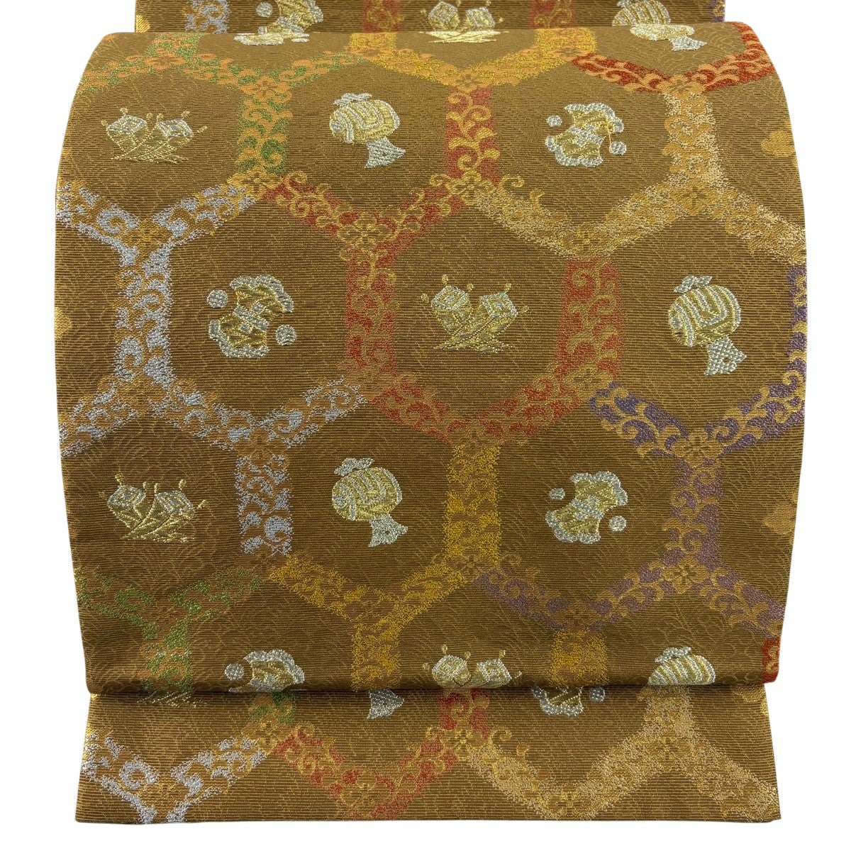 美品】 袋帯 秀品 宝尽くし 亀甲 金銀糸 箔 山吹茶色 六通 正絹｜中古