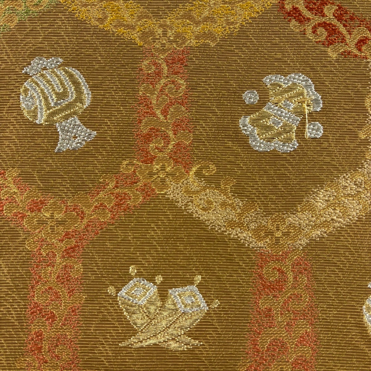 美品】 袋帯 秀品 宝尽くし 亀甲 金銀糸 箔 山吹茶色 六通 正絹｜中古