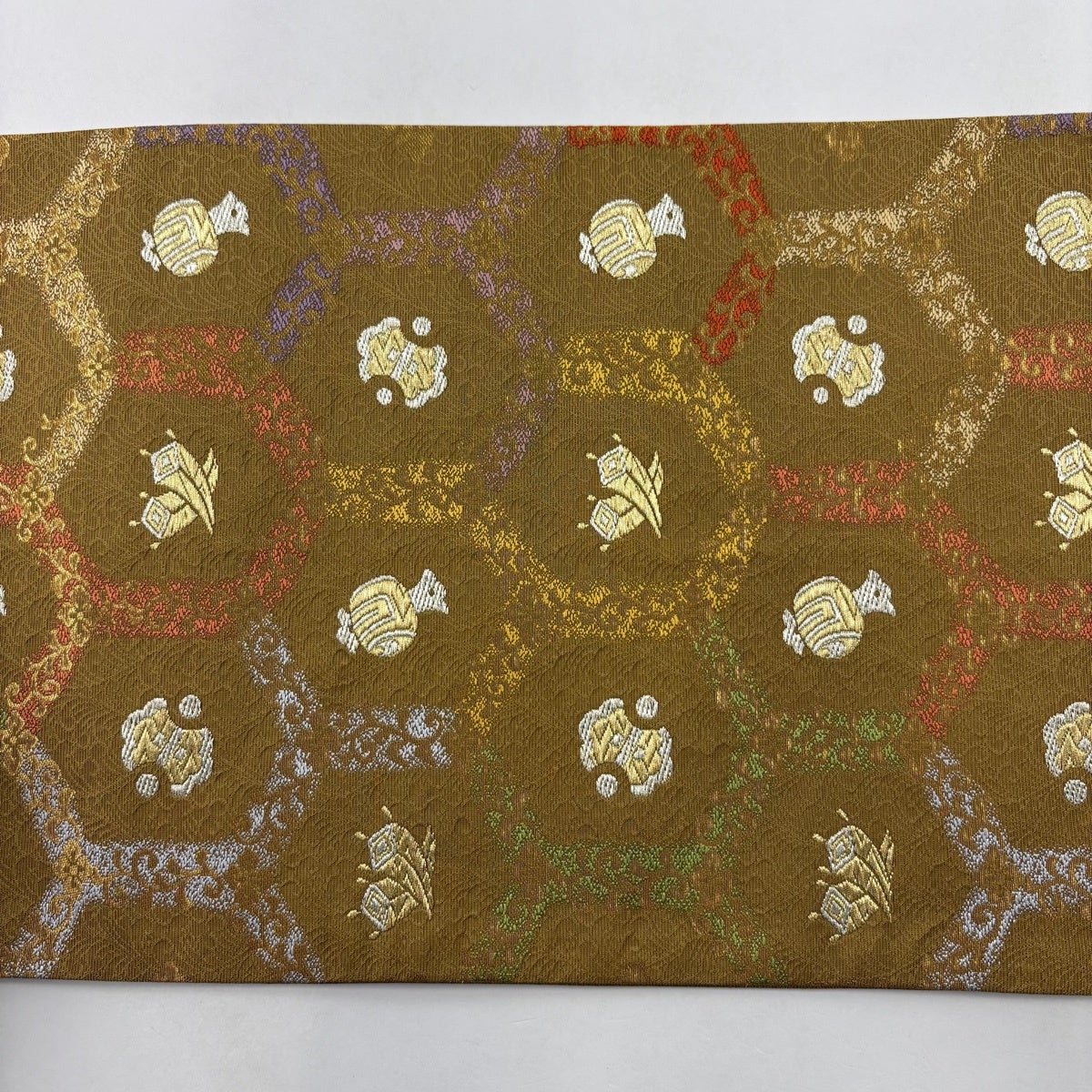 美品】 袋帯 秀品 宝尽くし 亀甲 金銀糸 箔 山吹茶色 六通 正絹｜中古
