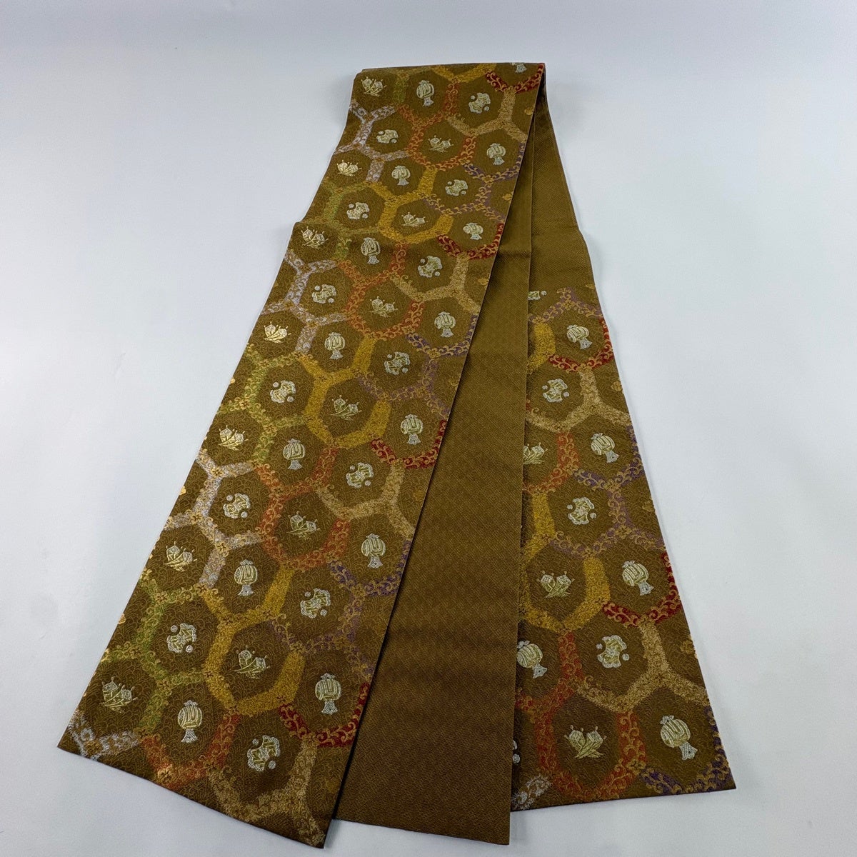 美品】 袋帯 秀品 宝尽くし 亀甲 金銀糸 箔 山吹茶色 六通 正絹｜中古
