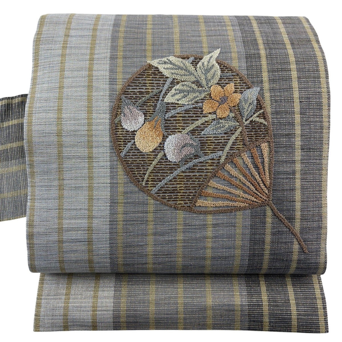 美品】 名古屋帯 秀品 団扇 草花 刺繍 金糸 灰色 正絹｜中古・古着