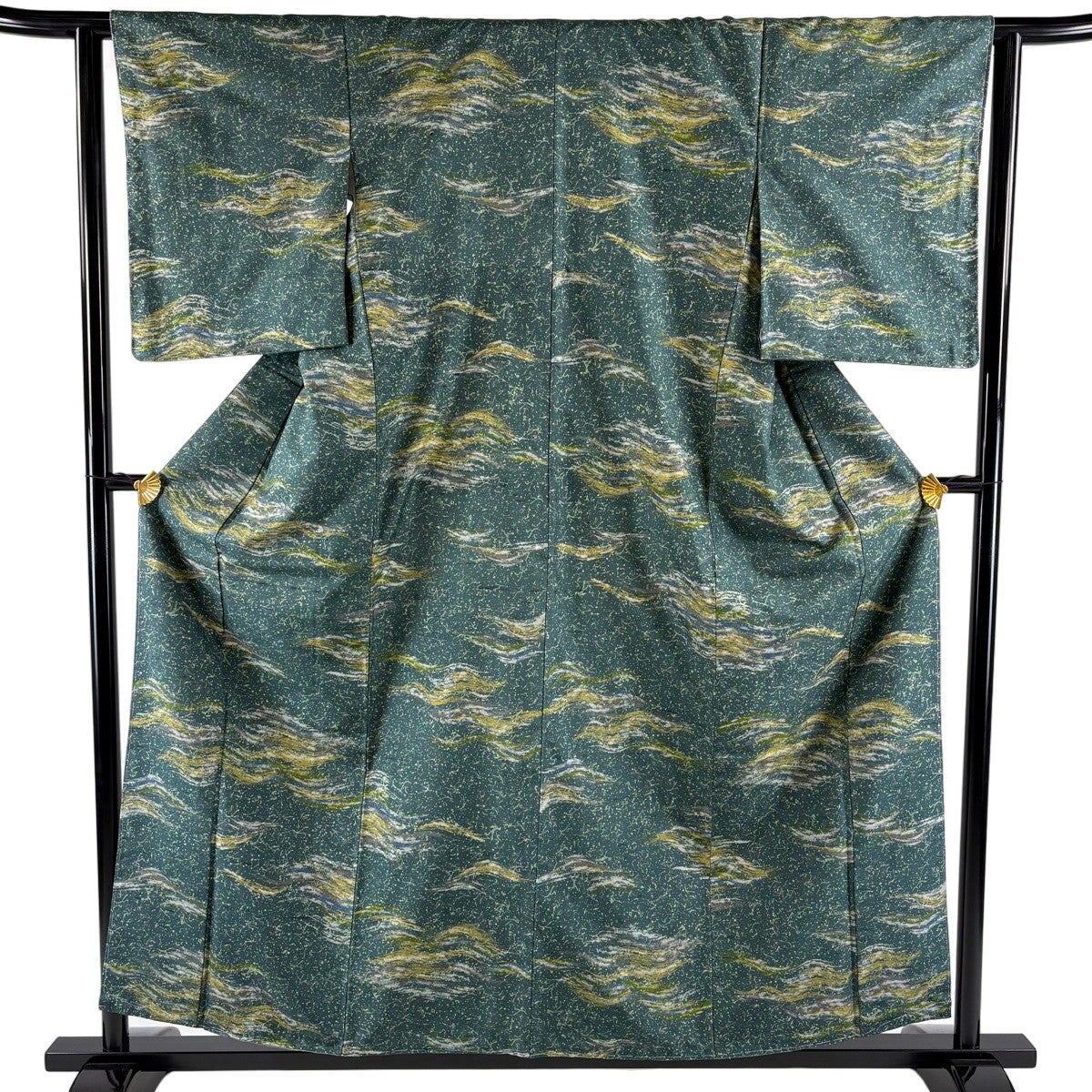 美品】 小紋 身丈157.5cm 裄丈62.5cm S 袷 紬地 幾何学模様 緑 正絹