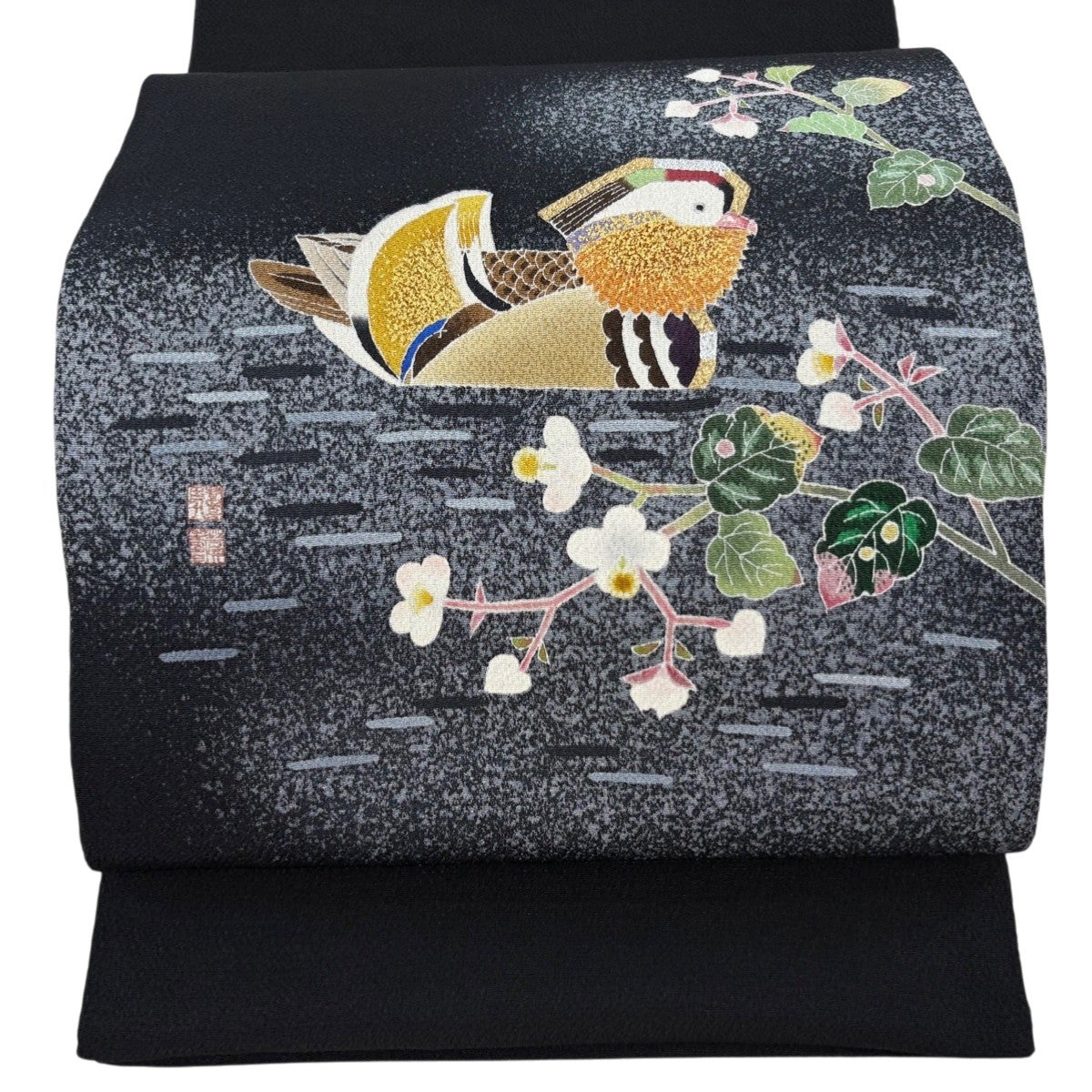 美品】 開き名古屋帯 逸品 人間国宝 羽田登喜男 落款あり 鴛鴦 草花