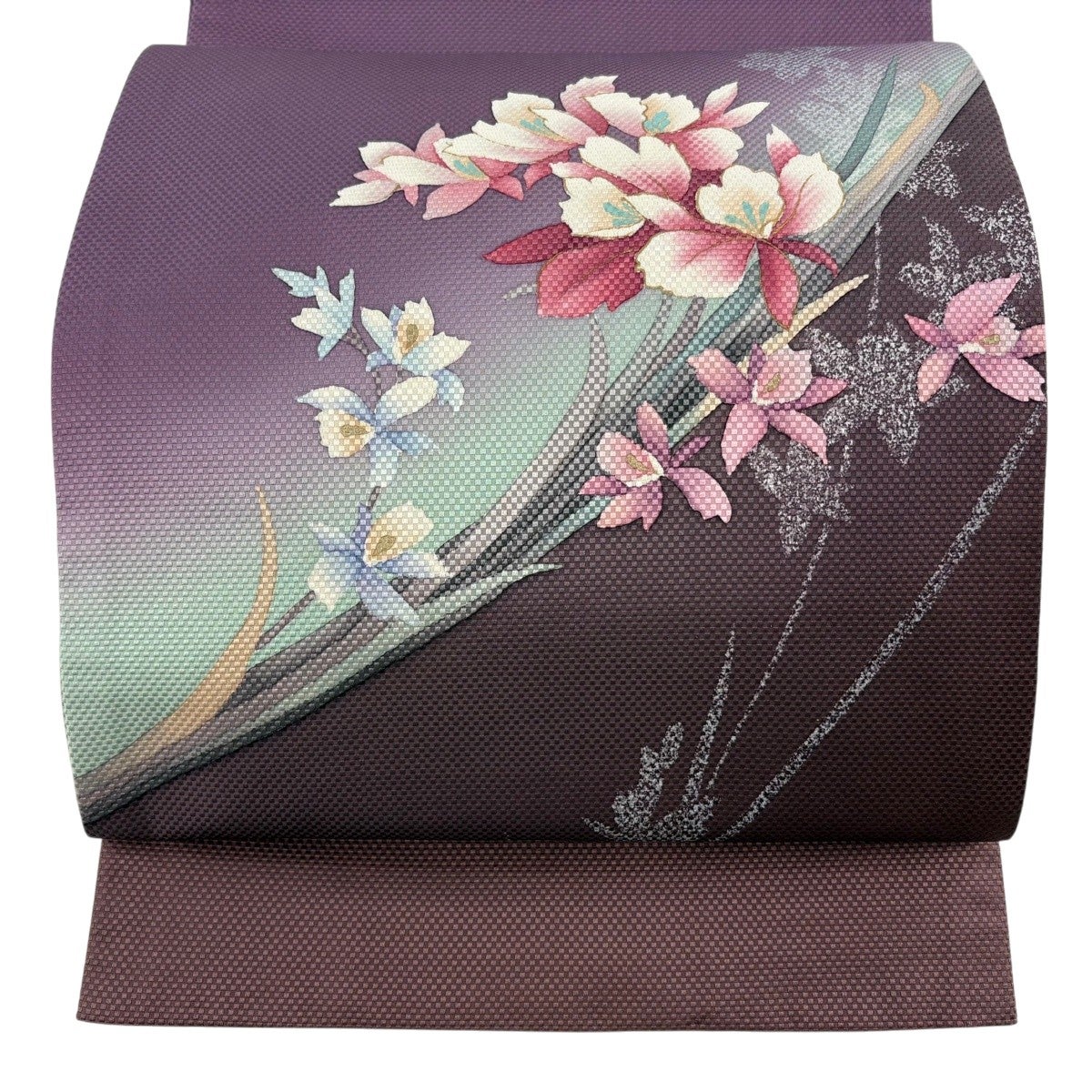 競ナビ袋帯 美品 秀品 華文 草花 刺繍 からし色 お太鼓柄 正絹