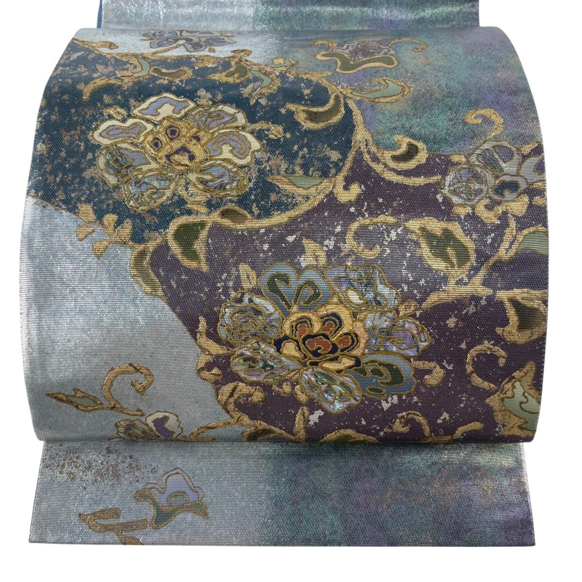 袋帯 秀品 落款あり 草花 ヱ霞 螺鈿 金彩 金色 お太鼓柄 正絹｜中古
