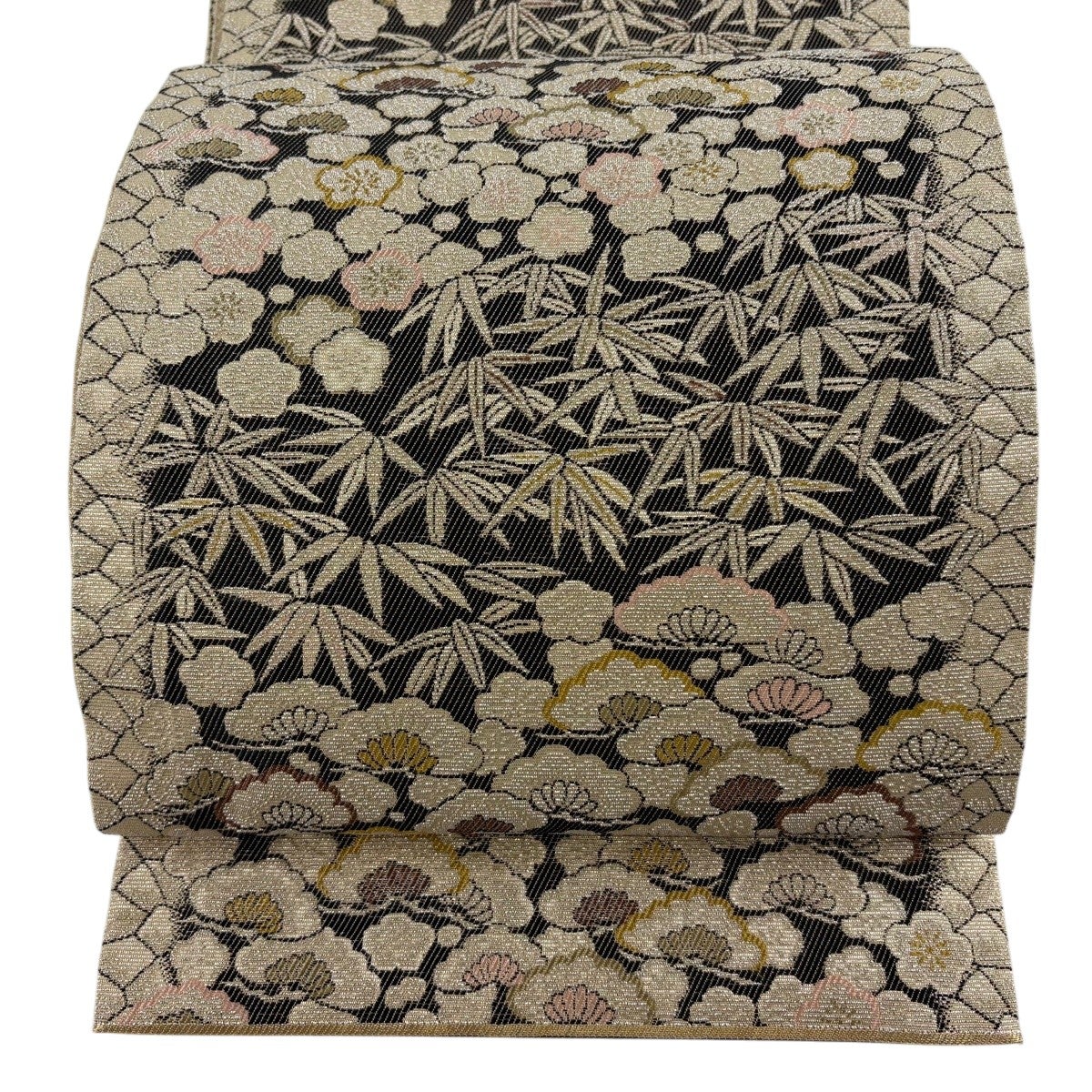 美品】 袋帯 名品 桜 花びら 箔 茶緑色 六通 正絹｜中古・古着
