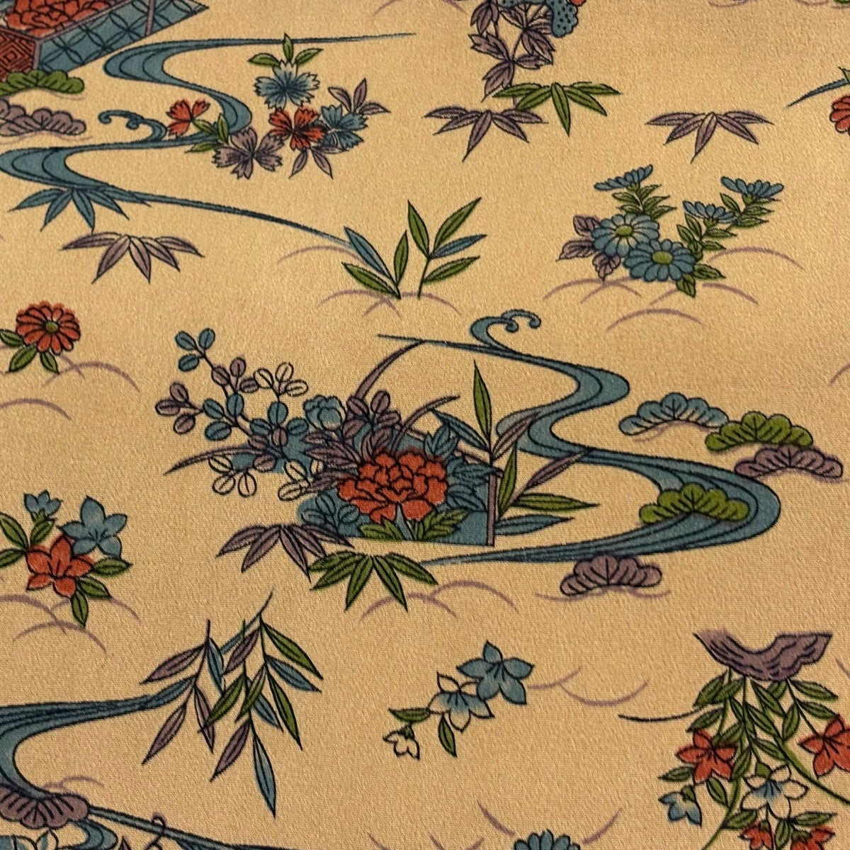 名古屋帯 秀品 草花 流水 薄茶色 正絹｜中古・古着・リサイクル着物