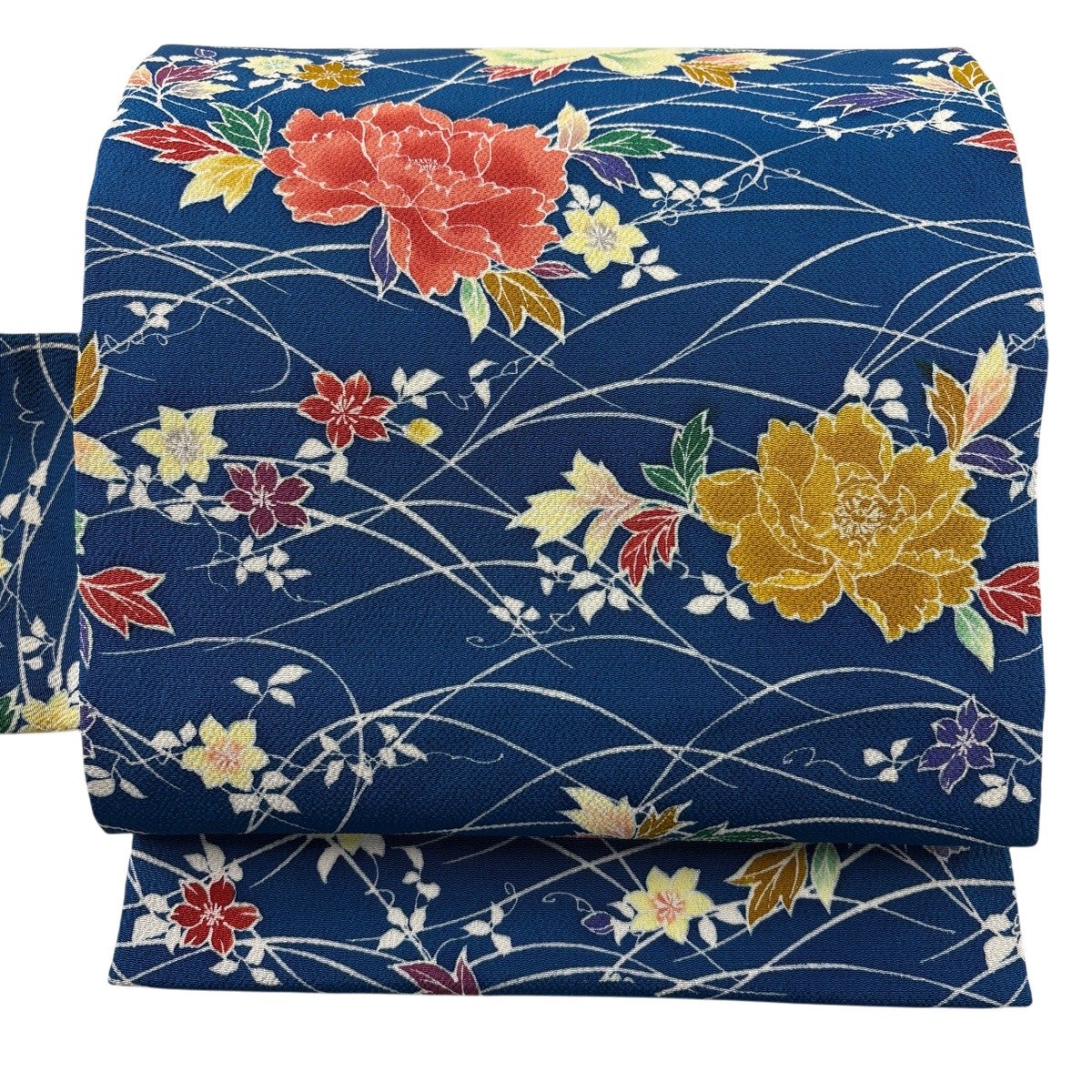美品】 名古屋帯 秀品 牡丹 草花 縮緬 青 正絹｜中古・古着