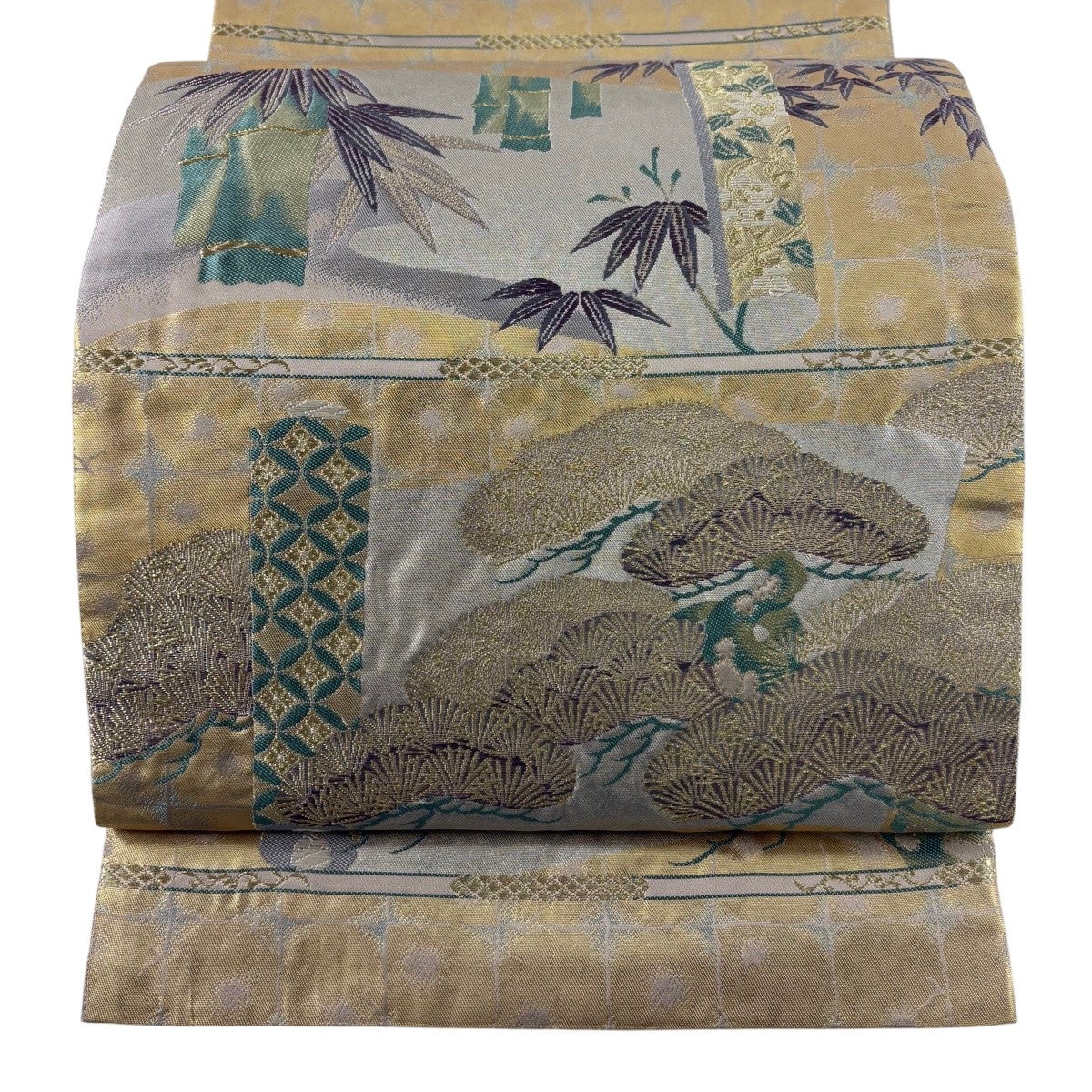 美品】 袋帯 秀品 鈴乃屋 若松 松笠 金糸 箔 金色 お太鼓柄 正絹｜中古