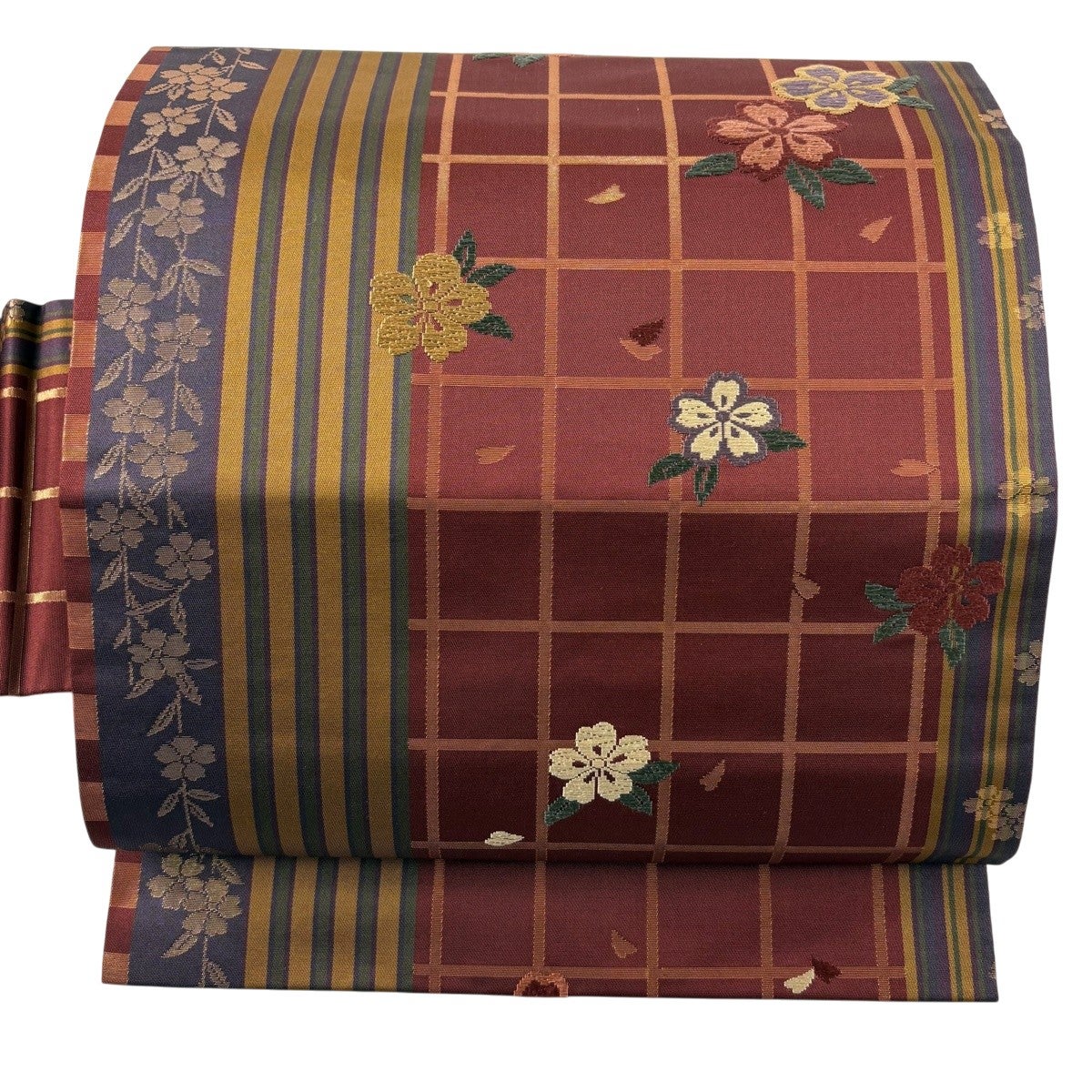 名古屋帯 秀品 桜 格子 箔 小豆色 正絹｜中古・古着・リサイクル着物