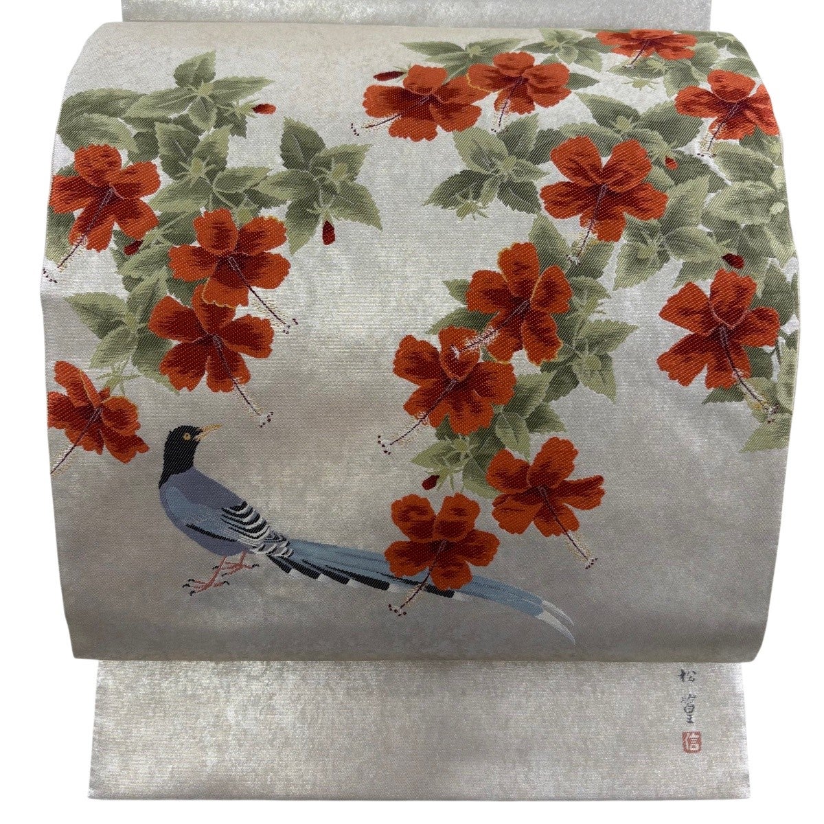 袋帯 秀品 華文 花鳥 螺鈿 箔 鶯色 お太鼓柄 正絹｜中古・古着