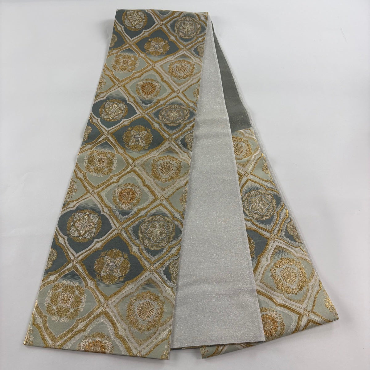 袋帯 秀品 花菱 若松 箔 金糸 青灰色 六通 正絹｜中古・古着