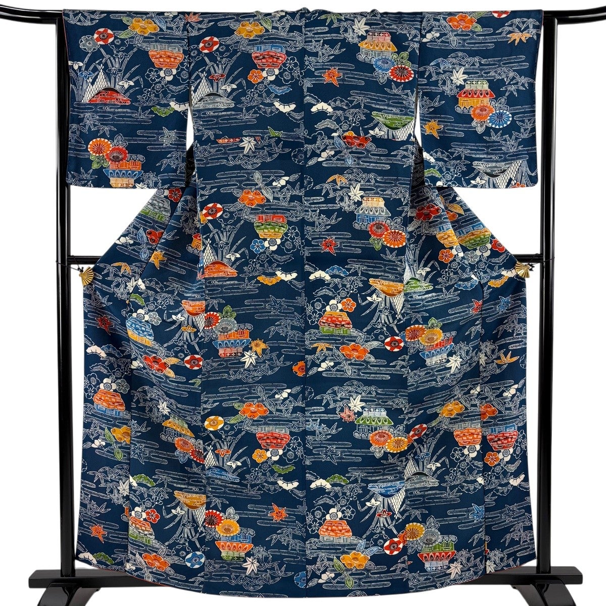 反物 秀品 小紋 藍染 草花 藍色 正絹｜中古・古着・リサイクル着物通販