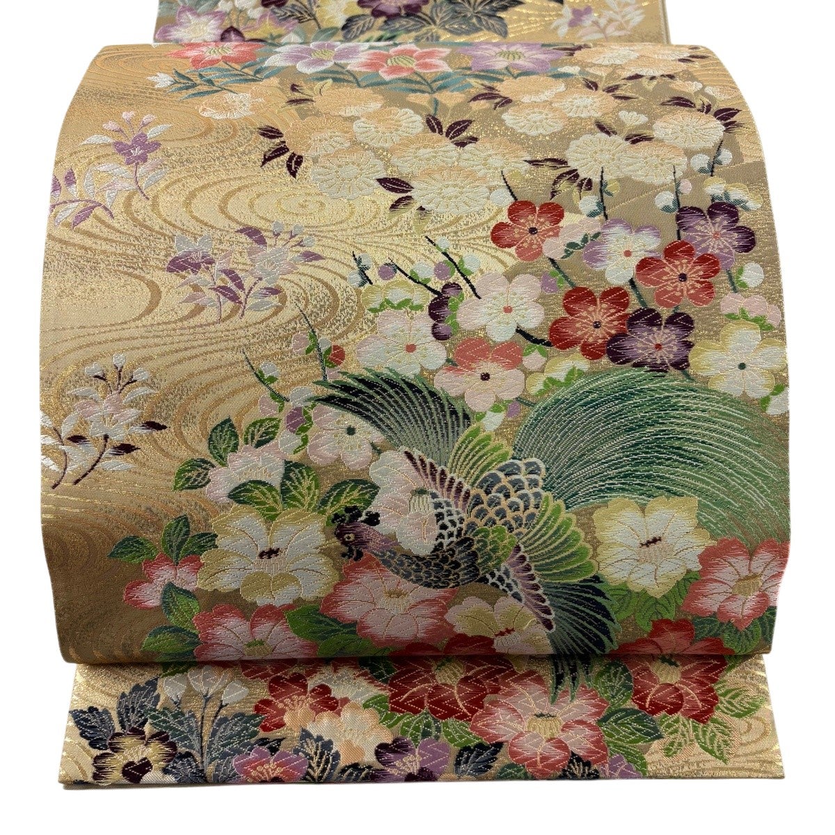 美品】 袋帯 秀品 向かい鳥 草花 金銀糸 刺繍 灰緑 全通 正絹｜中古