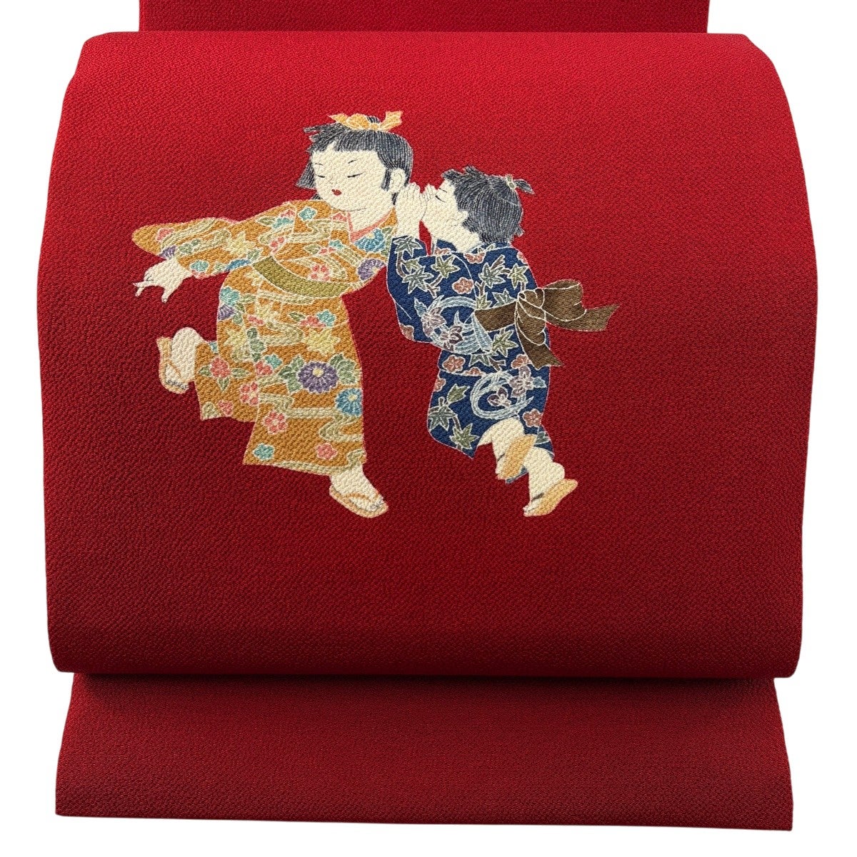 美品】 開き名古屋帯 秀品 関口遼一 落款あり 童 縮緬 赤 正絹｜中古