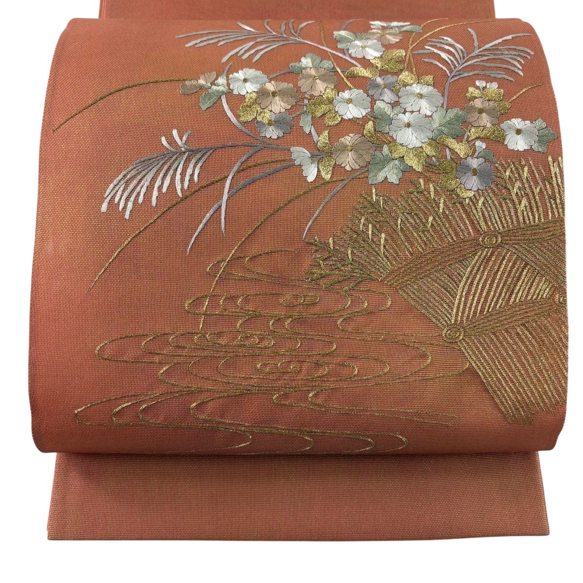 美品】 袋帯 秀品 紬地 草花 霞 絞り 刺繍 深緑 お太鼓柄 正絹｜中古
