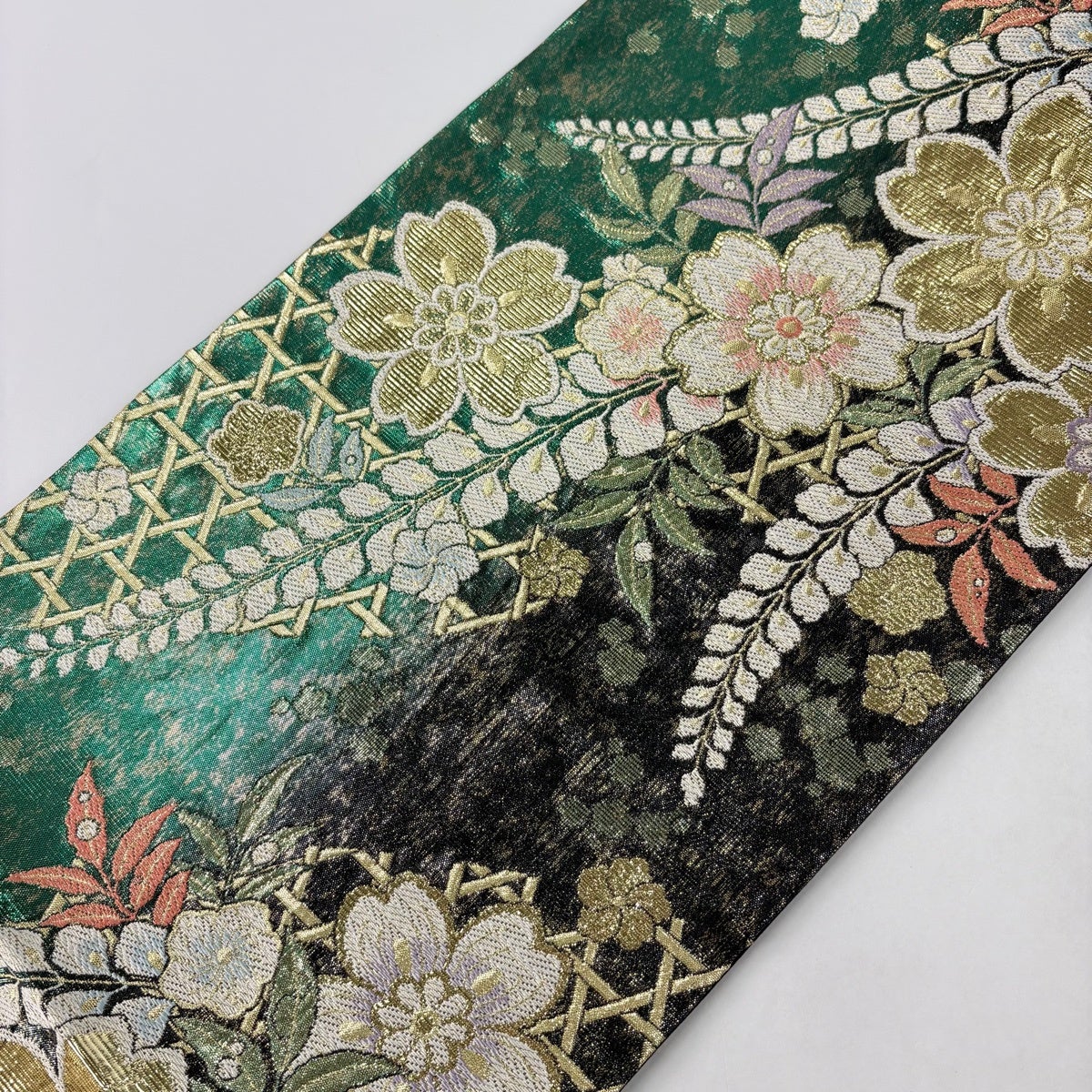 美品】 袋帯 秀品 桜 籠目 箔 緑 六通 正絹｜中古・古着・リサイクル