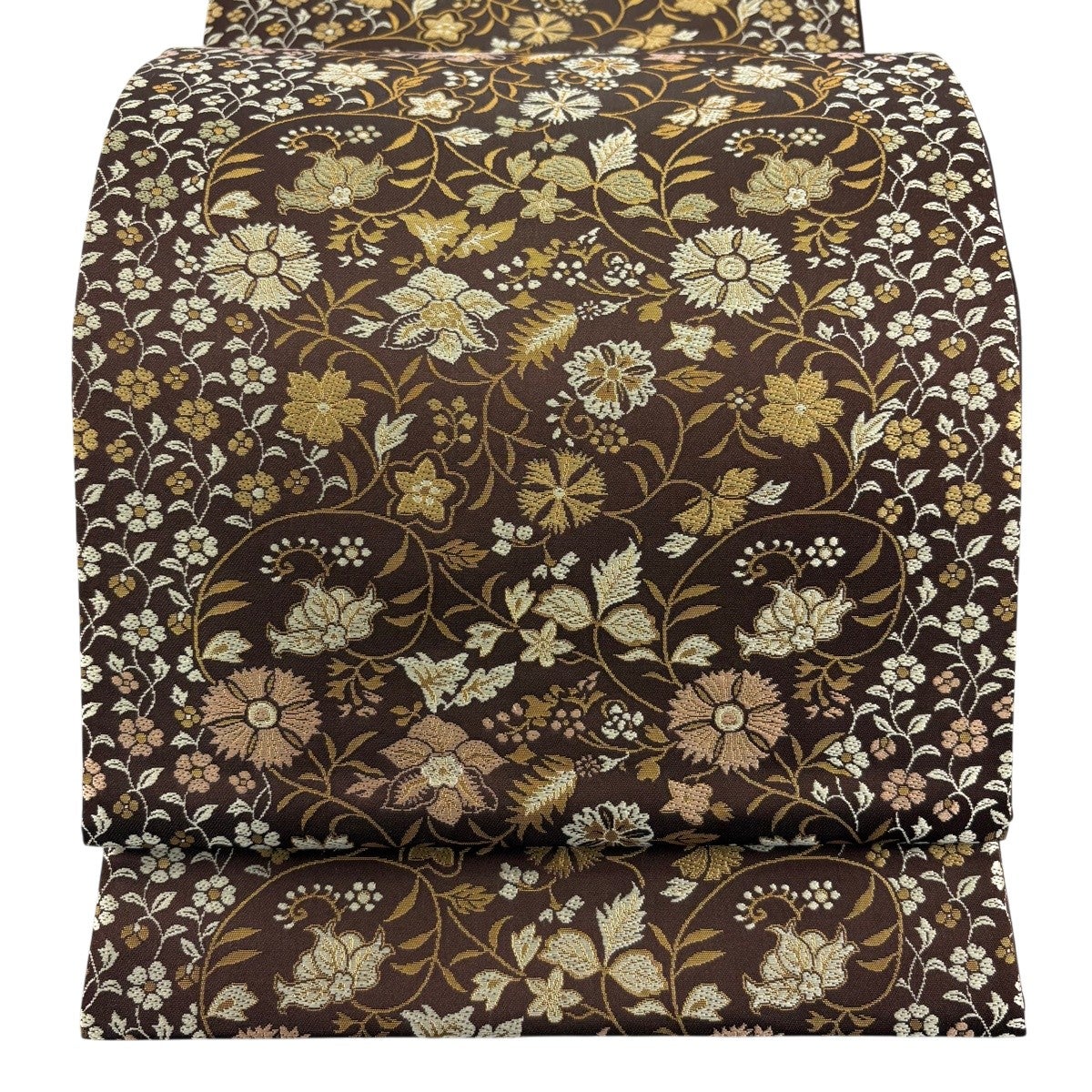 【未使用】おしゃれ袋帯 焦茶色 菱文様 花唐草 カジュアル〜セミフォーマル 美品】 袋帯 名品 落款あり 花唐草 箔 唐織 焦茶色 六通 正絹｜中古