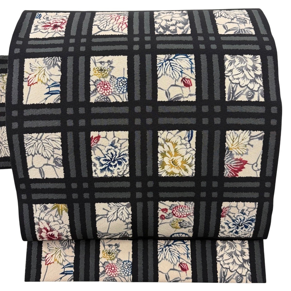 美品】 名古屋帯 名品 草花 格子 黒灰 正絹｜中古・古着・リサイクル