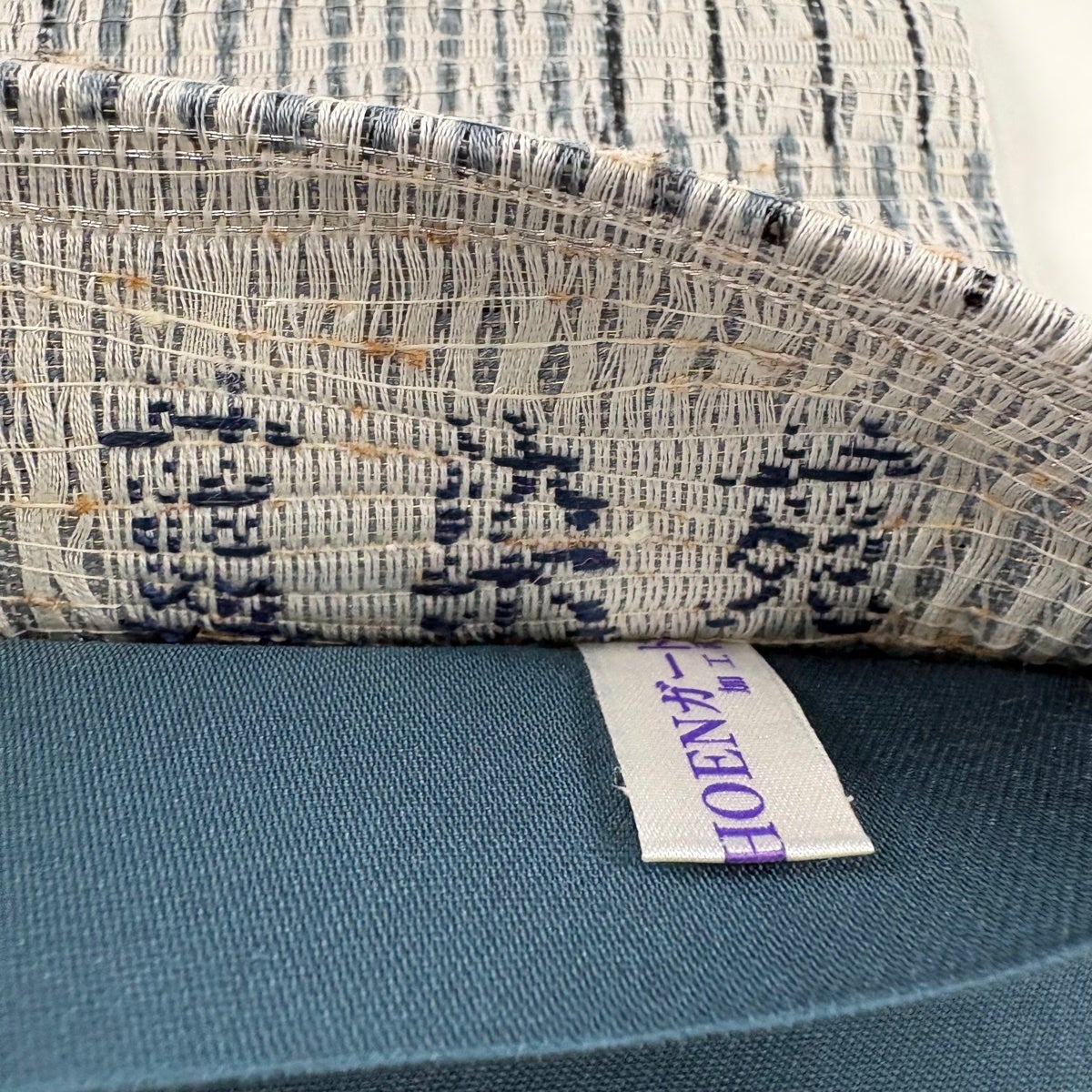 美品】 袋帯 名品 ぜんまい紬織 藍染苑 市松 縞 銀糸 青灰色 全通 正絹